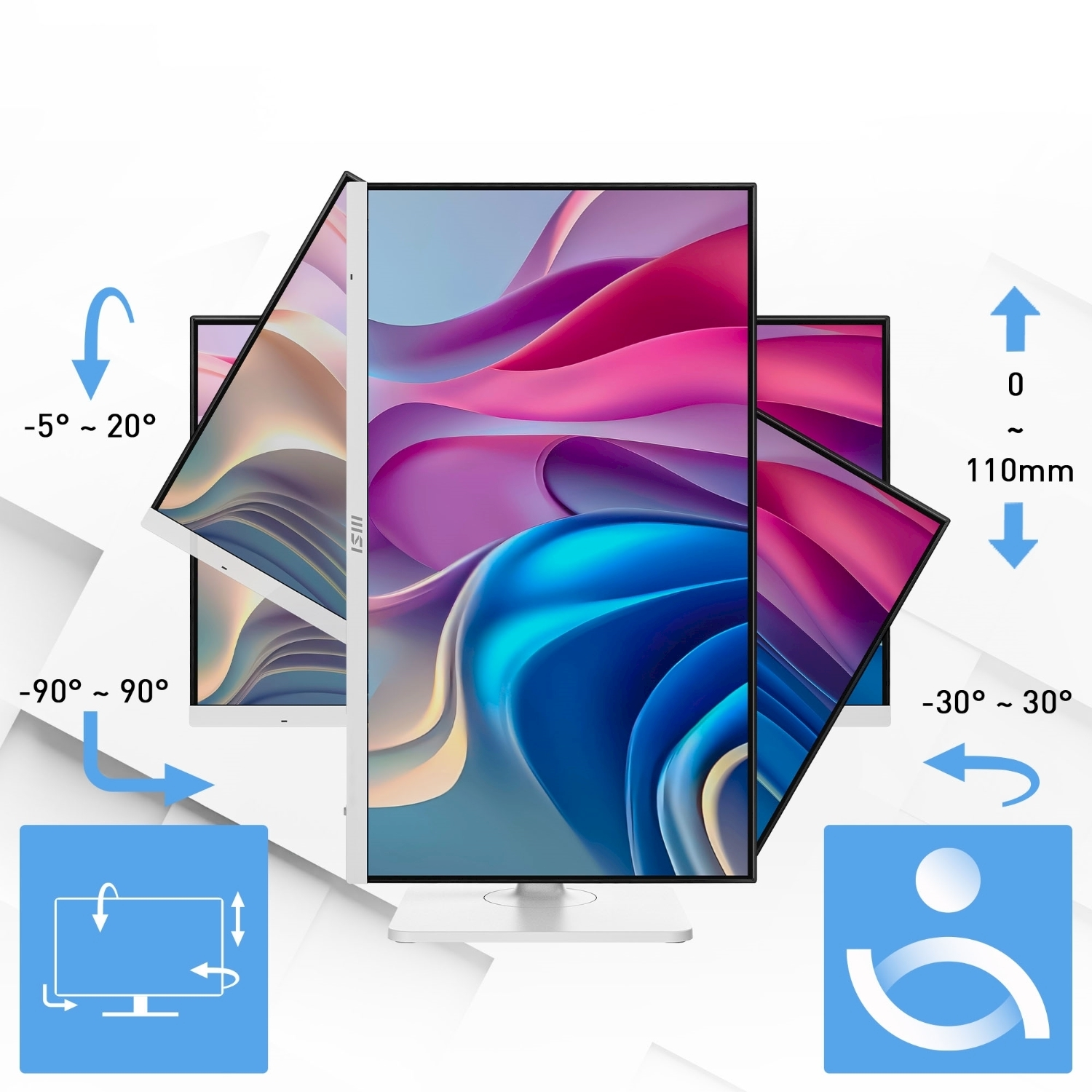 L'immagine mostra un monitor con diversi angoli di rotazione e opzioni di regolazione. Ha un supporto bianco e uno sfondo astratto colorato.