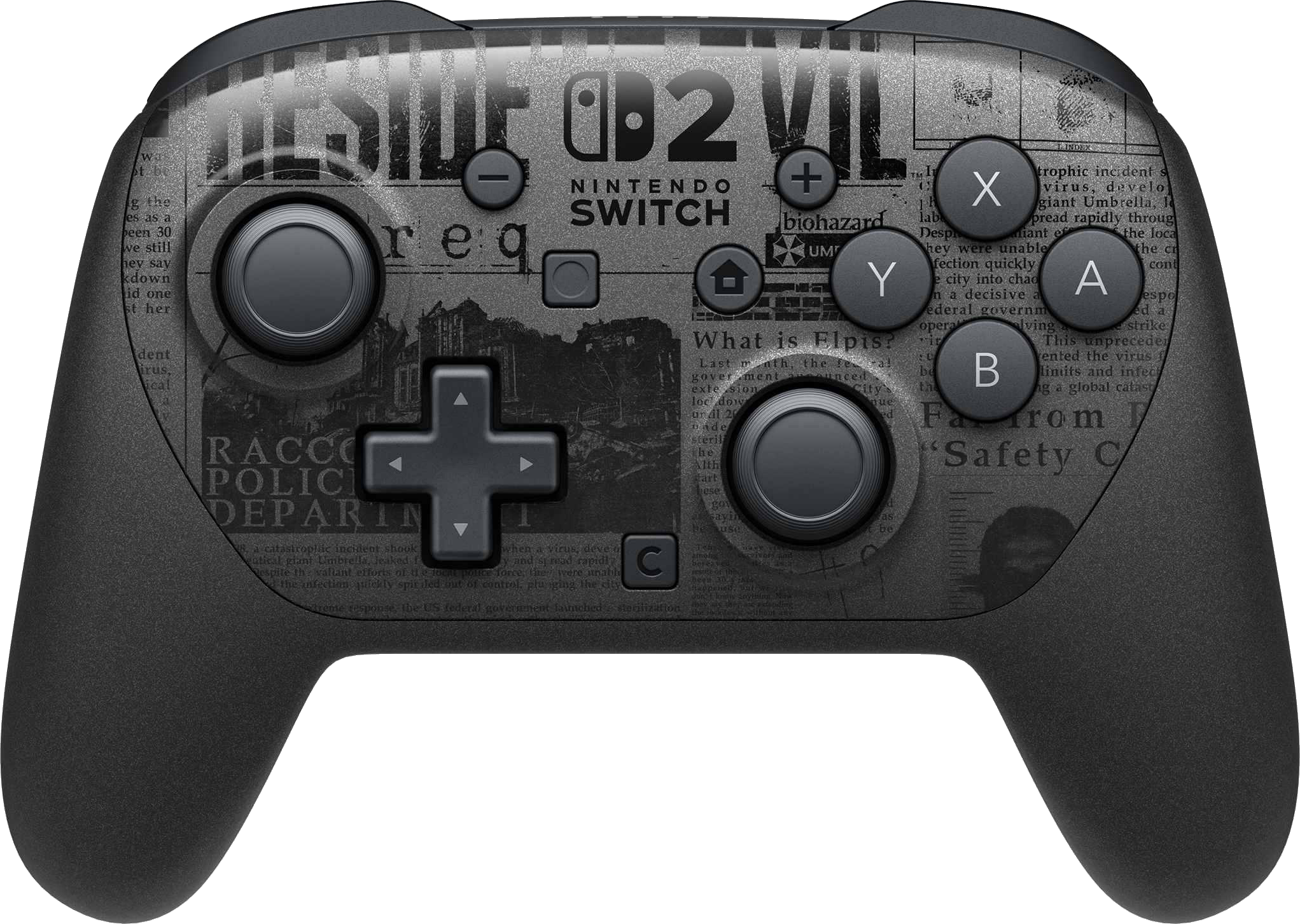 Schwarzer Nintendo Switch Controller mit Resident Evil 2 Design, Tasten und Text-Overlay.