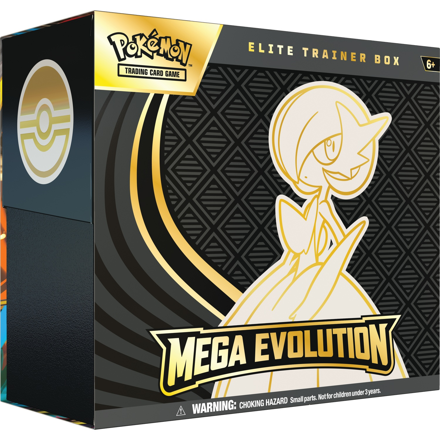 A Pokémon Elite Trainer Box. Featuring a Gardevoir outline. Gold accents on a black background. "Mega Evolution" is displayed at the bottom.
