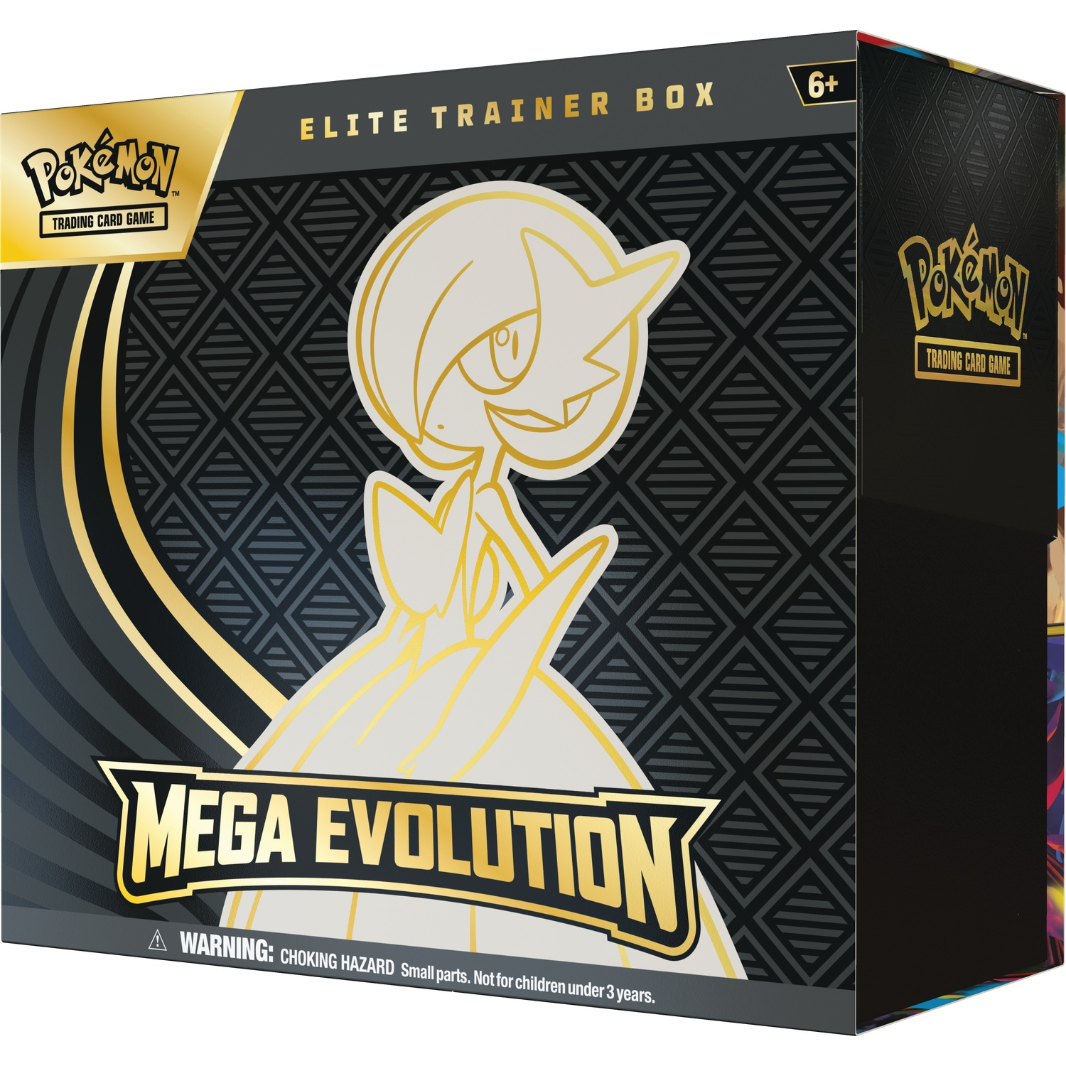 A Pokemon Elite Trainer Box. Featuring a white and gold Gardevoir design on the front. Black background with diamond pattern.