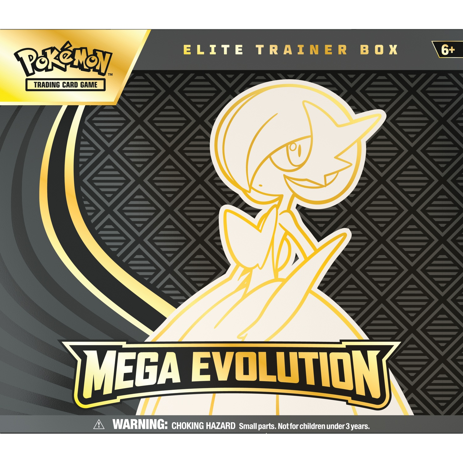 The box art features a golden Gardevoir outline, 'Mega Evolution' text, and a warning. The background is a black and gray diamond pattern.