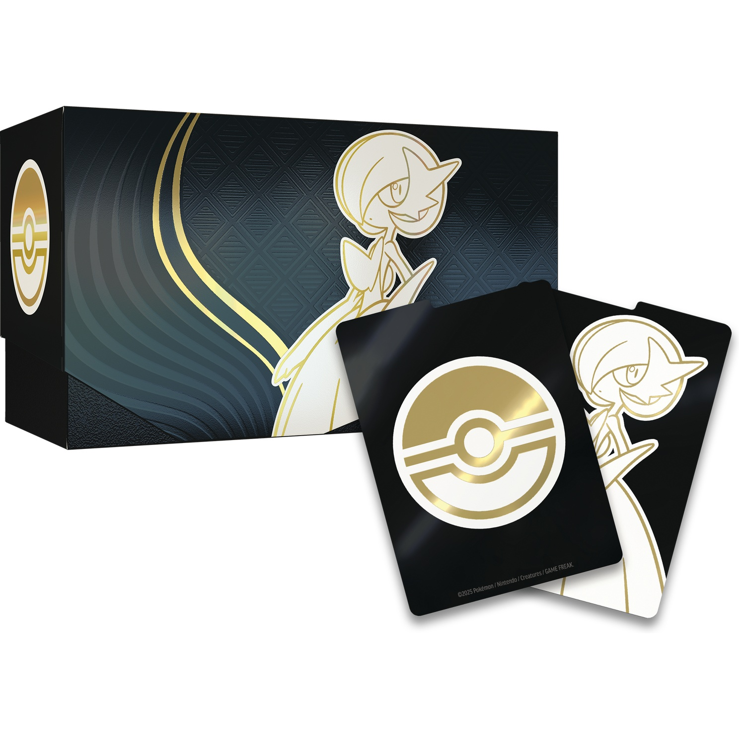 A black box with gold accents, a white and gold Pokemon character, and two black cards with gold logos and character images.