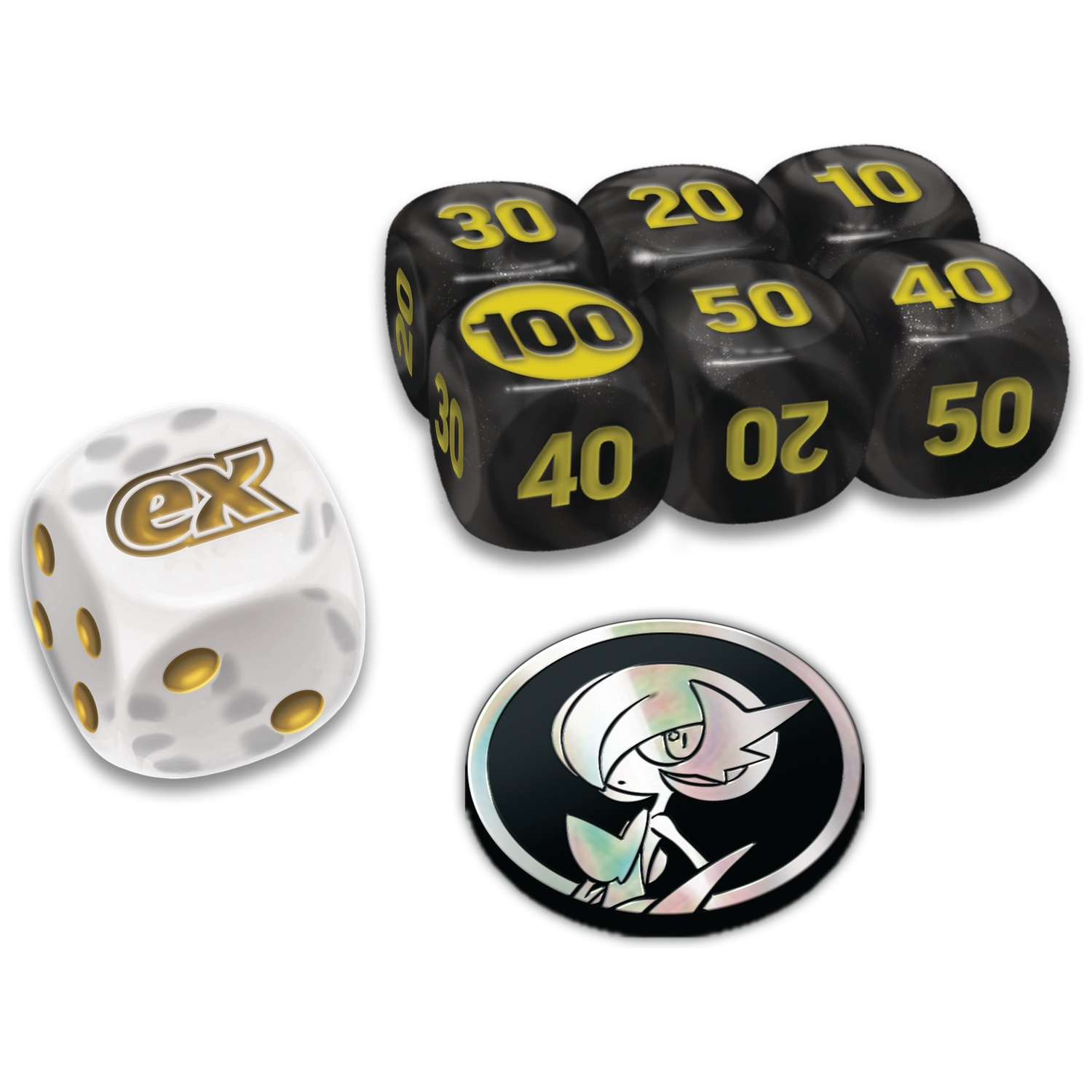 Image shows dice and a coin. There are six black dice with yellow numbers. A white dice has gold dots. A coin has a character.