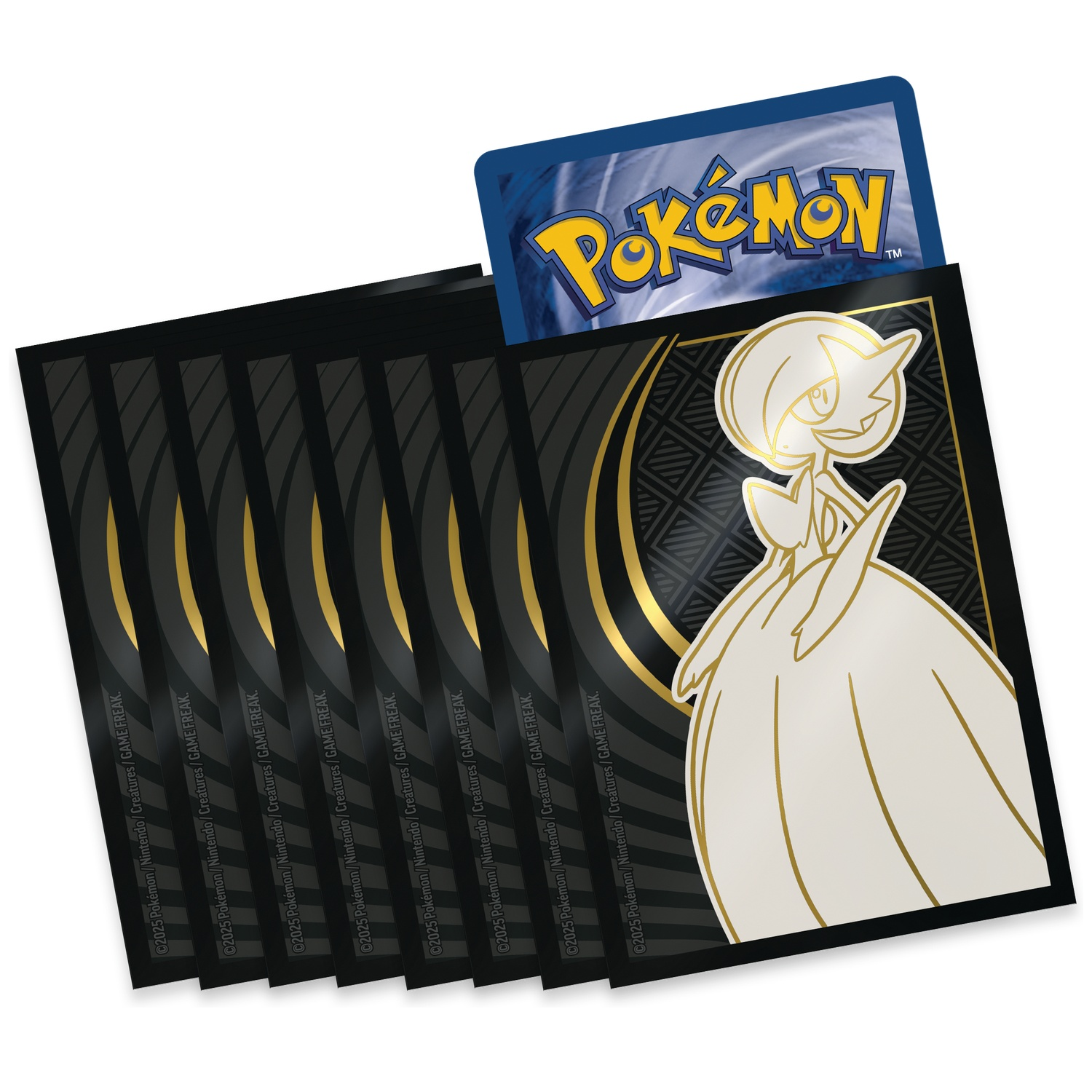Card sleeves with a Gardevoir design, and a Pokémon card peeking out. Black and gold colors dominate the design.