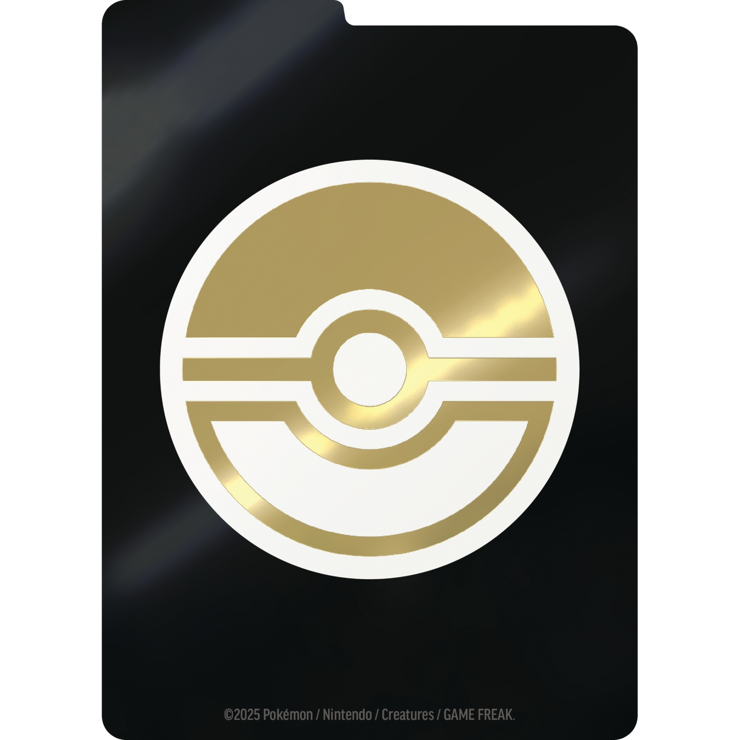 A black card with a gold and white Pokemon ball design. The logo is centered. The bottom has copyright information.