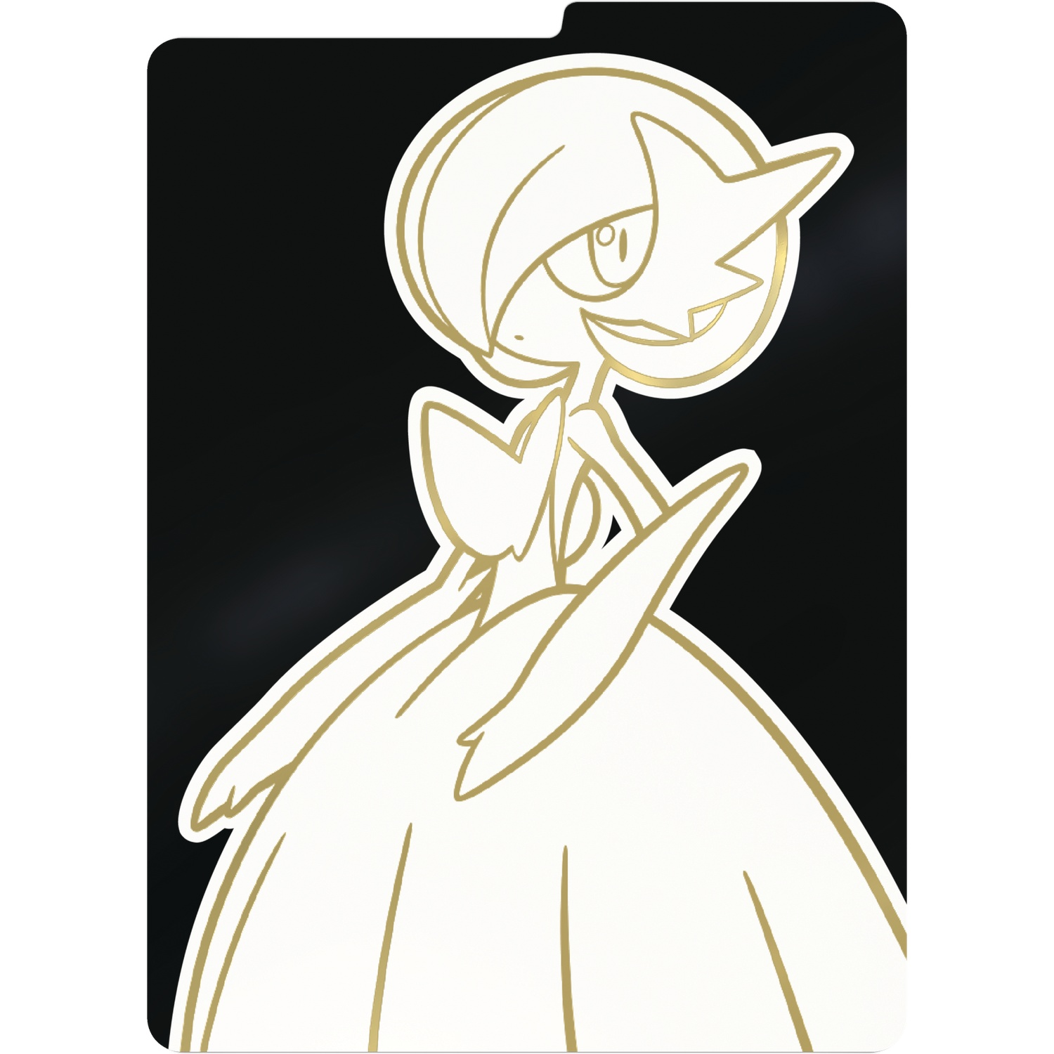 Gold outline of Gardevoir on a black background, in a stylized, minimalist design. The character has a dress and head crest.