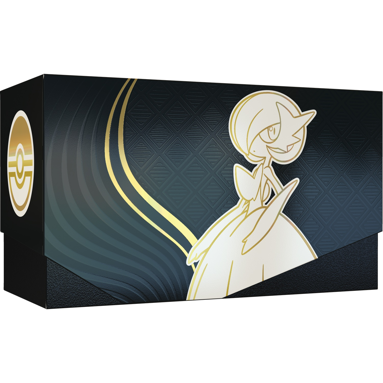 A black box with a Pokemon logo and a Gardevoir image. Gold lines and accents on the box. The background is dark blue with a diamond pattern.