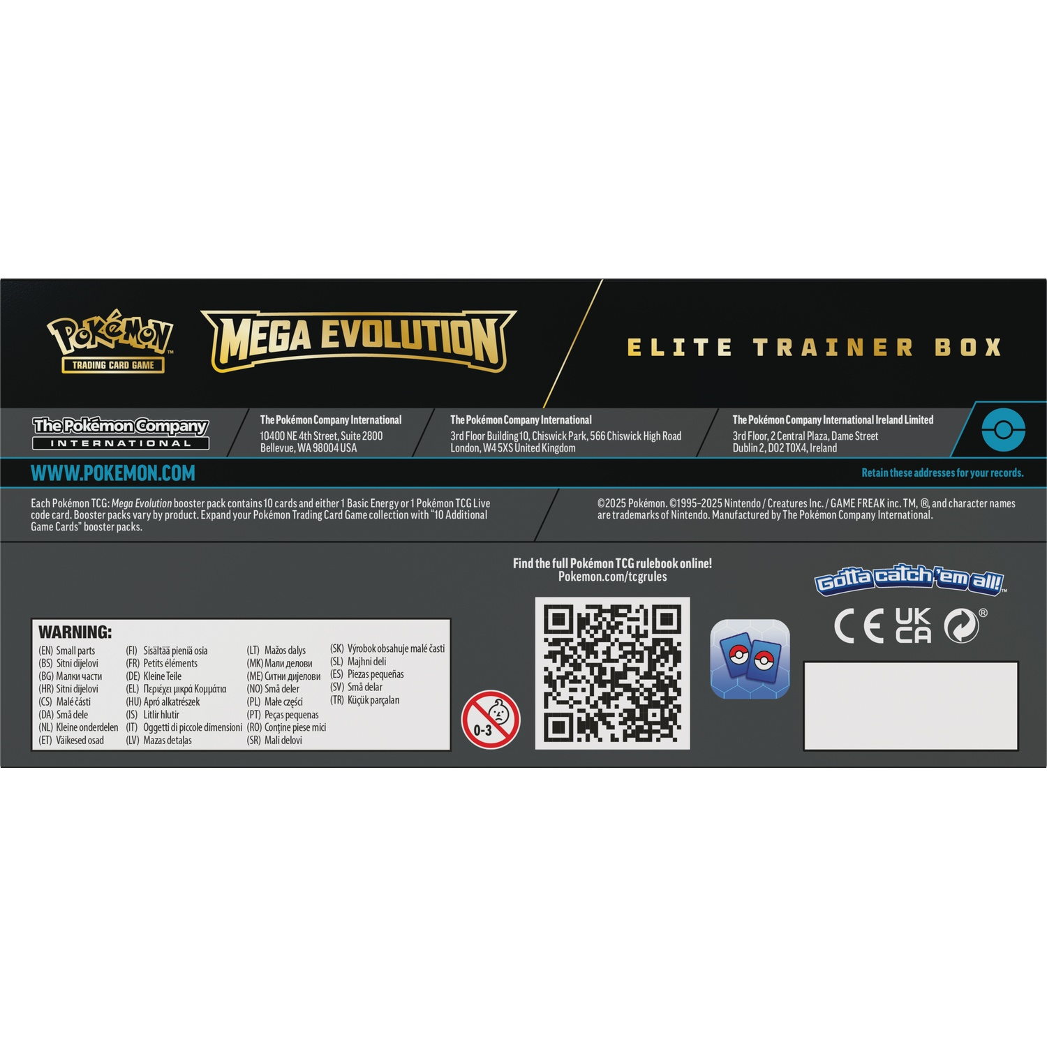 The box has Pokémon logos and text, with warnings, QR codes, and the phrase 'Gotta catch 'em all!'