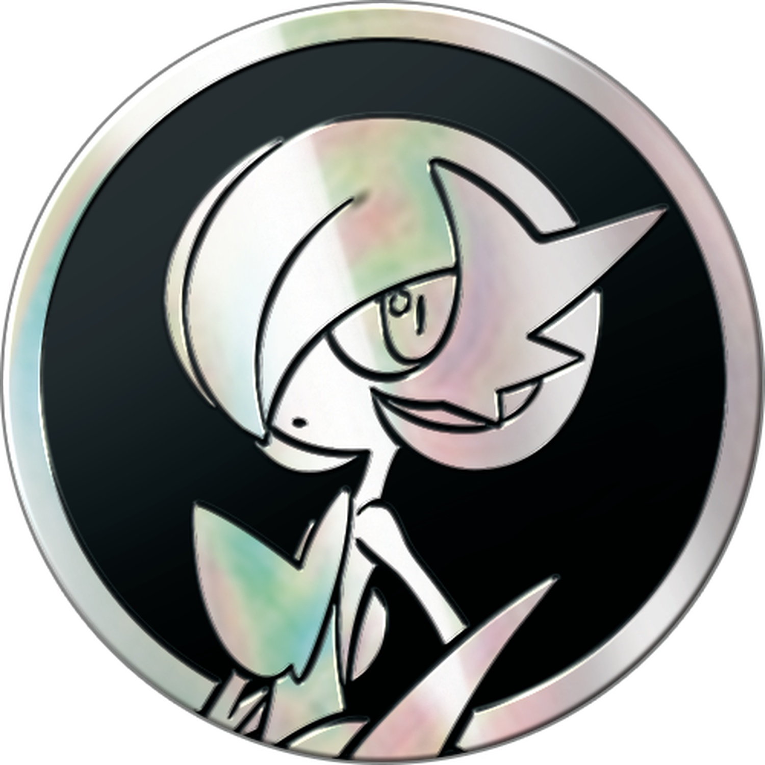 A coin with Gardevoir design. Gardevoir is silver with black outline, set against a black circle. The coin has a silver rim.