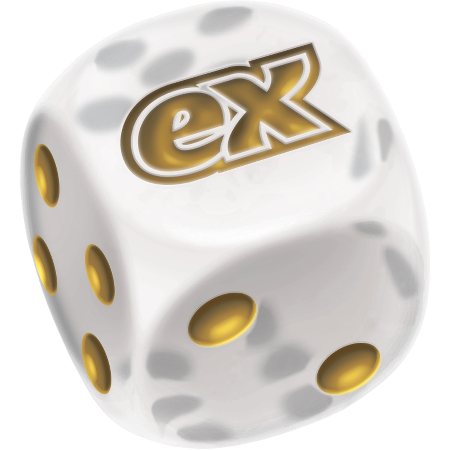 A white die with golden dots and the golden letters 'ex'. The die is slightly transparent, and sits on a white background.