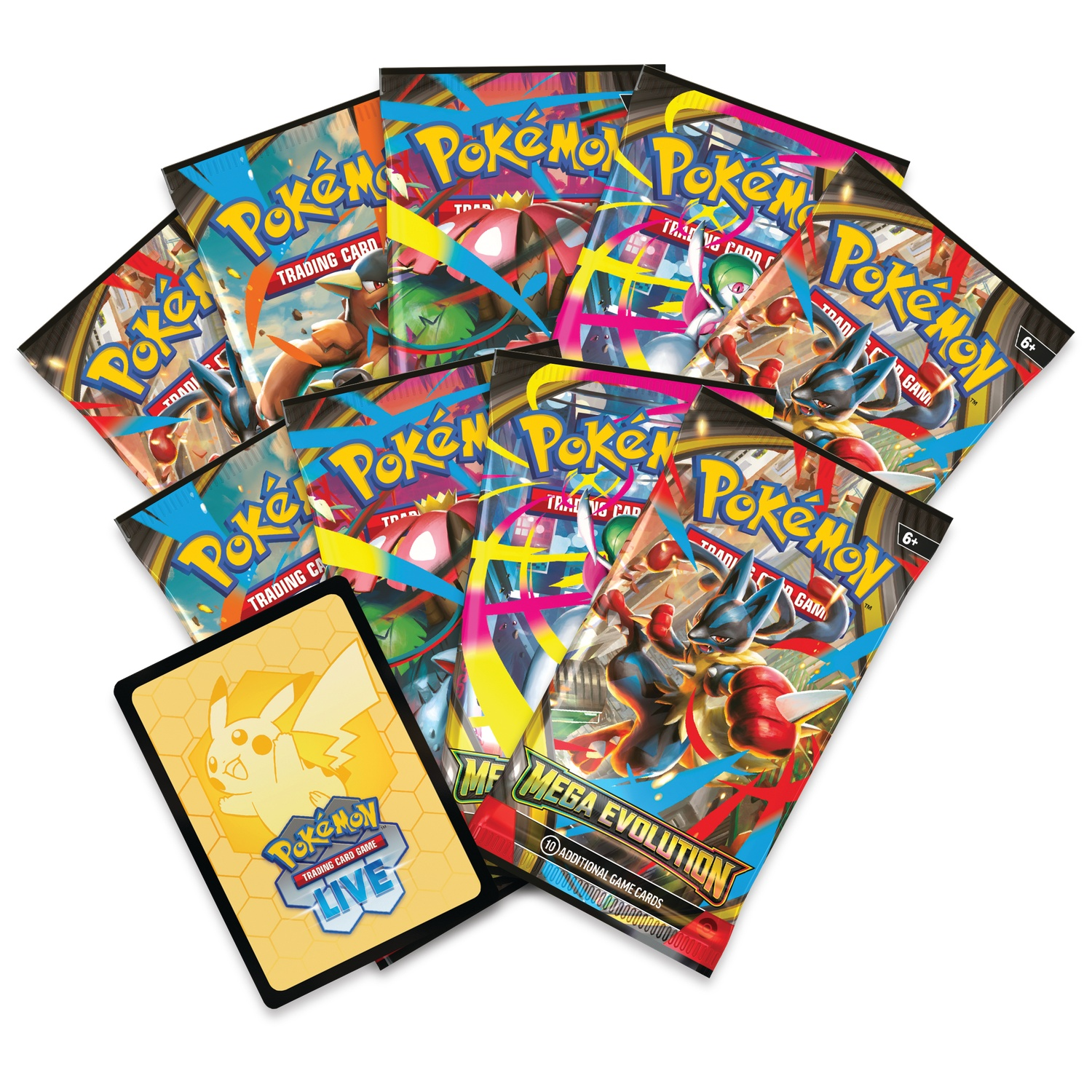 Image shows multiple Pokemon card packs and a single card, all on a white background. Packs are colorful with Pokemon characters.