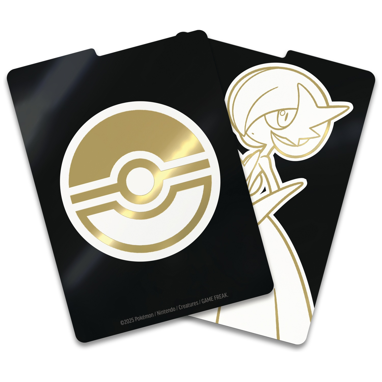 Two black Pokemon card sleeves. One has a golden Poke ball, the other a golden Gardevoir. Both are against a white background.