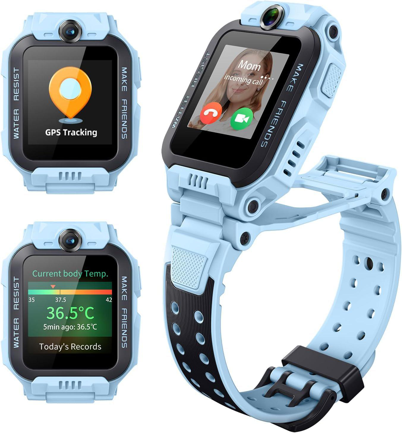 Eine hellblaue Smartwatch mit drei verschiedenen Bildschirmen, die GPS-Tracking, einen eingehenden Anruf und Körpertemperaturanzeigen zeigen.