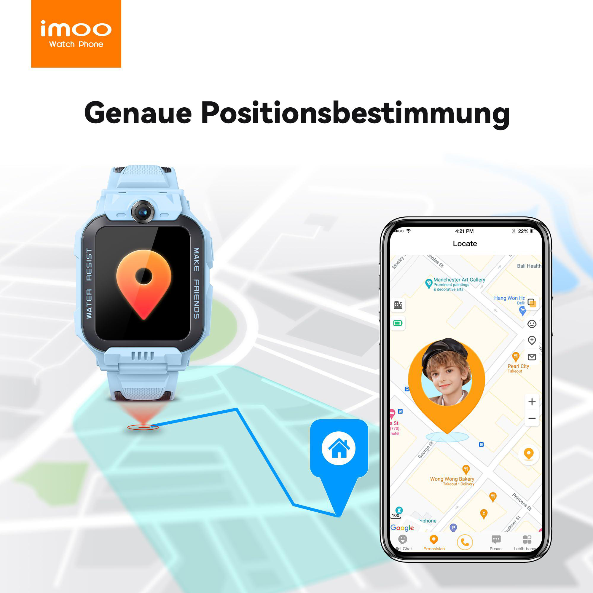 Eine blaue Smartwatch zeigt eine Standortmarkierung, verbunden mit einem Telefonbildschirm mit einer Karte und einem Kinderfoto.
