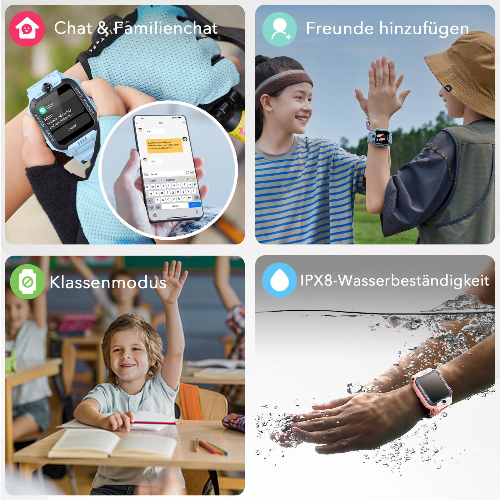 Das Bild zeigt eine Uhr mit Messaging, Kinder, die eine Uhr benutzen, ein Kind im Unterricht und eine Uhr im Wasser.