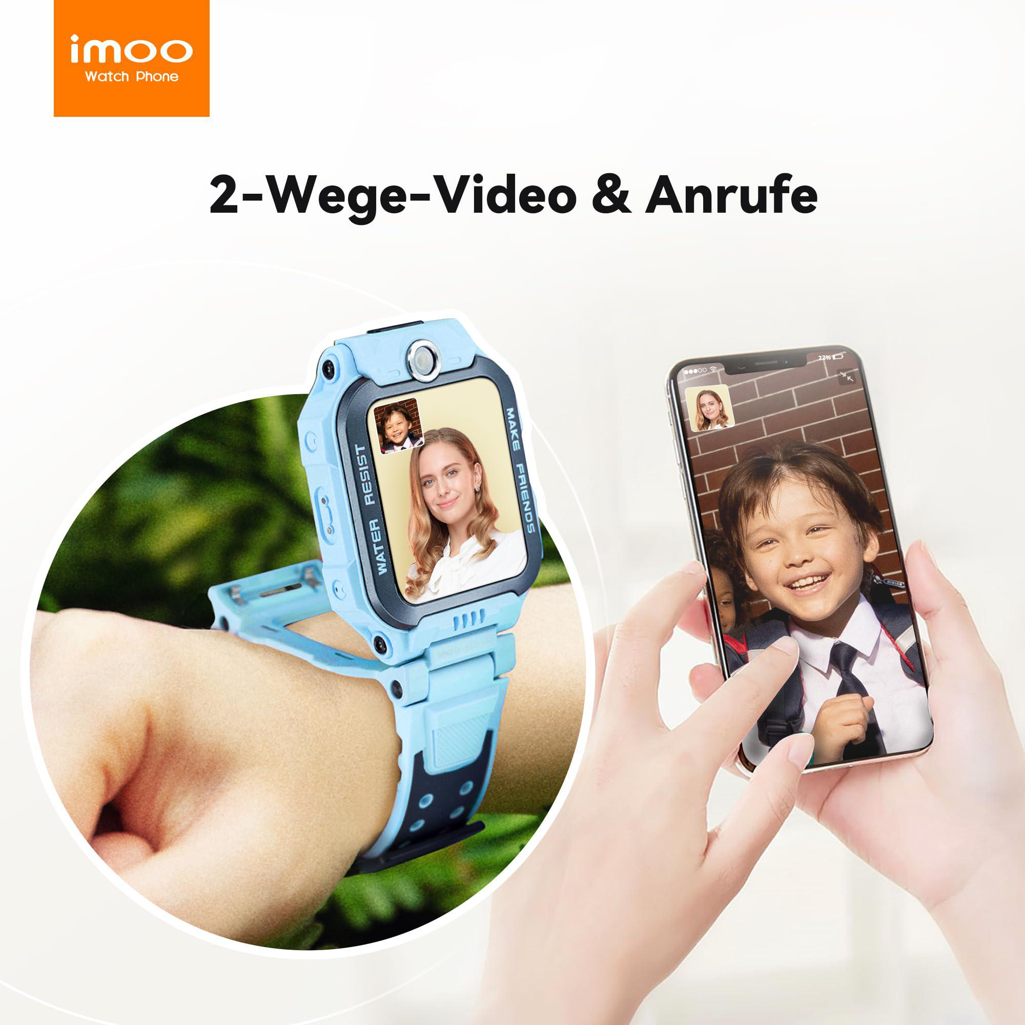 Eine Smartwatch mit Videoanruffunktion. Eine Hand hält ein Telefon, das ein Kind zeigt. Die Uhr zeigt eine Frau.