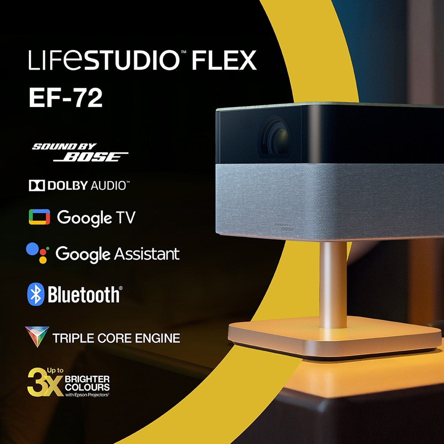 Un proiettore chiamato Lifestudio FLEX EF-72, con Google TV, audio Bose e Bluetooth. Lo sfondo ha colori giallo e nero.