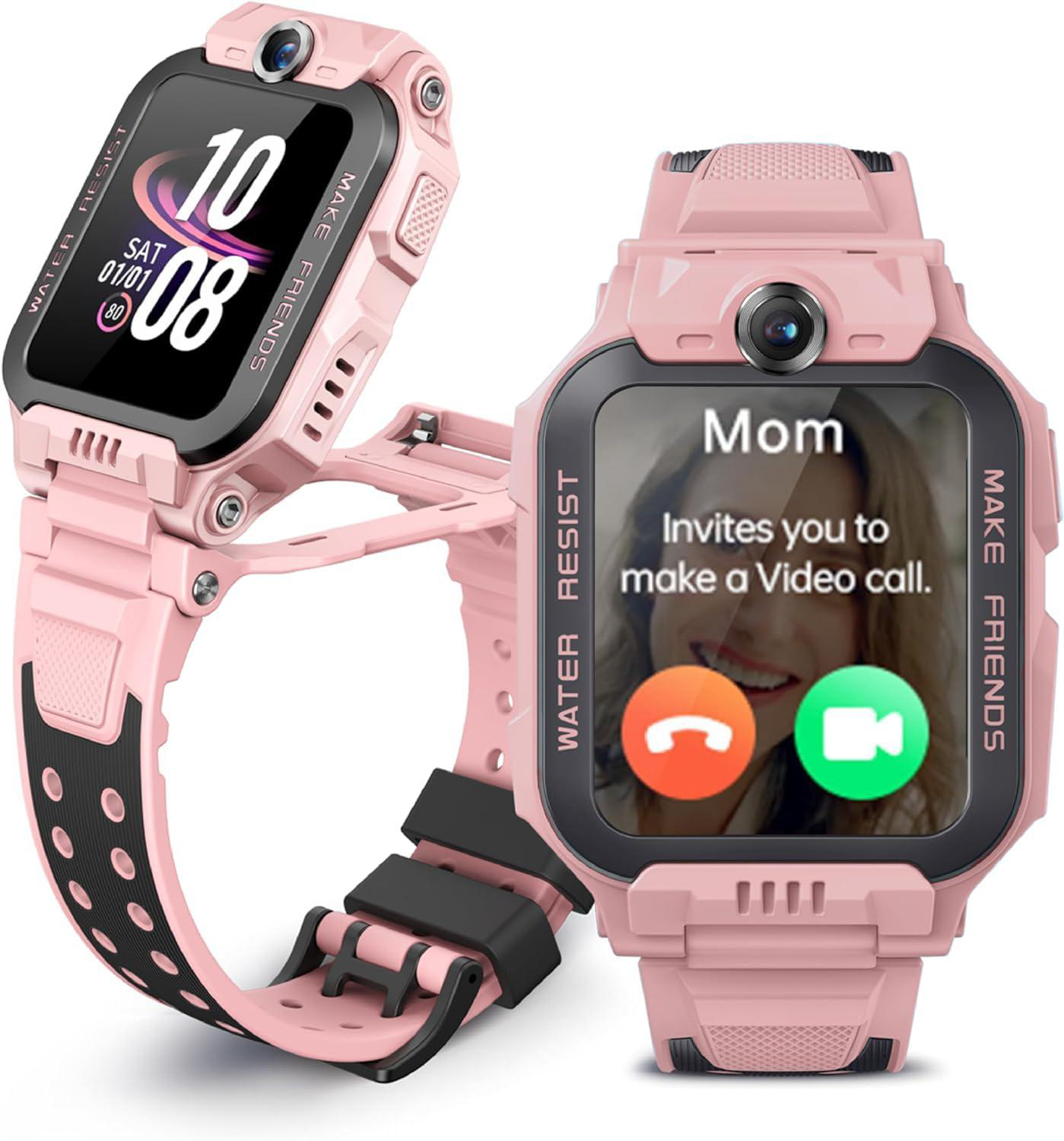 Zwei rosa Smartwatches. Eine zeigt die Uhrzeit, die andere einen Videoanruf von Mama. Beide haben Kameras und schwarze Akzente.