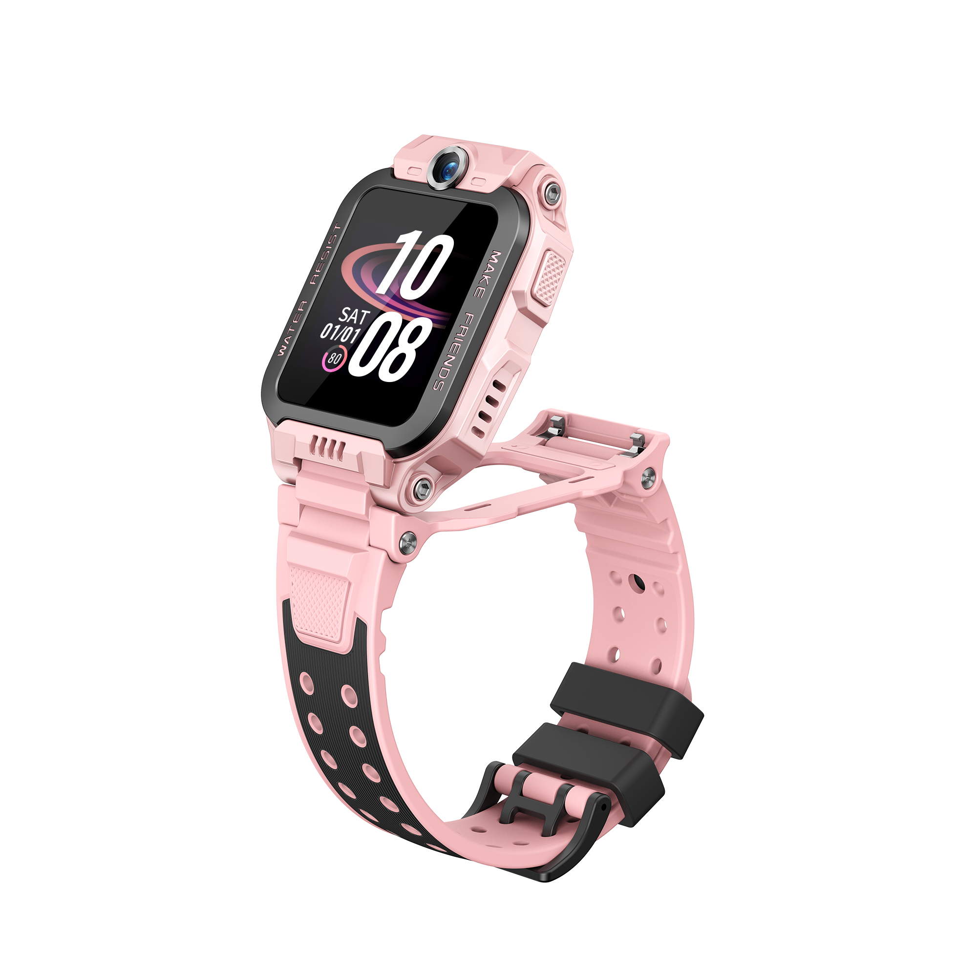 Rosa Smartwatch mit schwarzen Akzenten. Zeigt Uhrzeit und Datum an. Verfügt über eine Kamera und ein schwarz-rosa Armband.