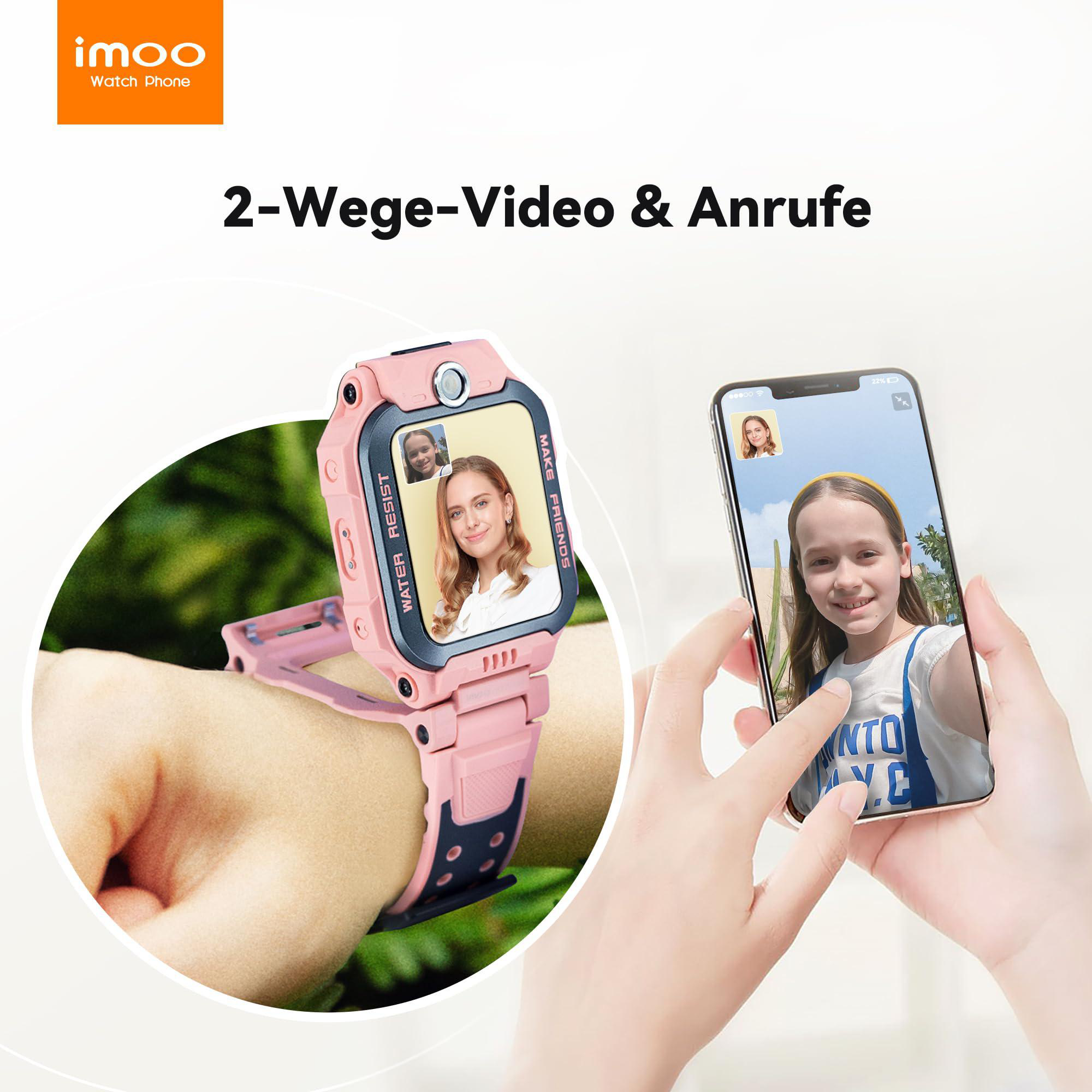Rosa imoo-Uhr am Handgelenk, zeigt Videoanruf. Ein Telefon zeigt ein Mädchen. Grüner Hintergrund.