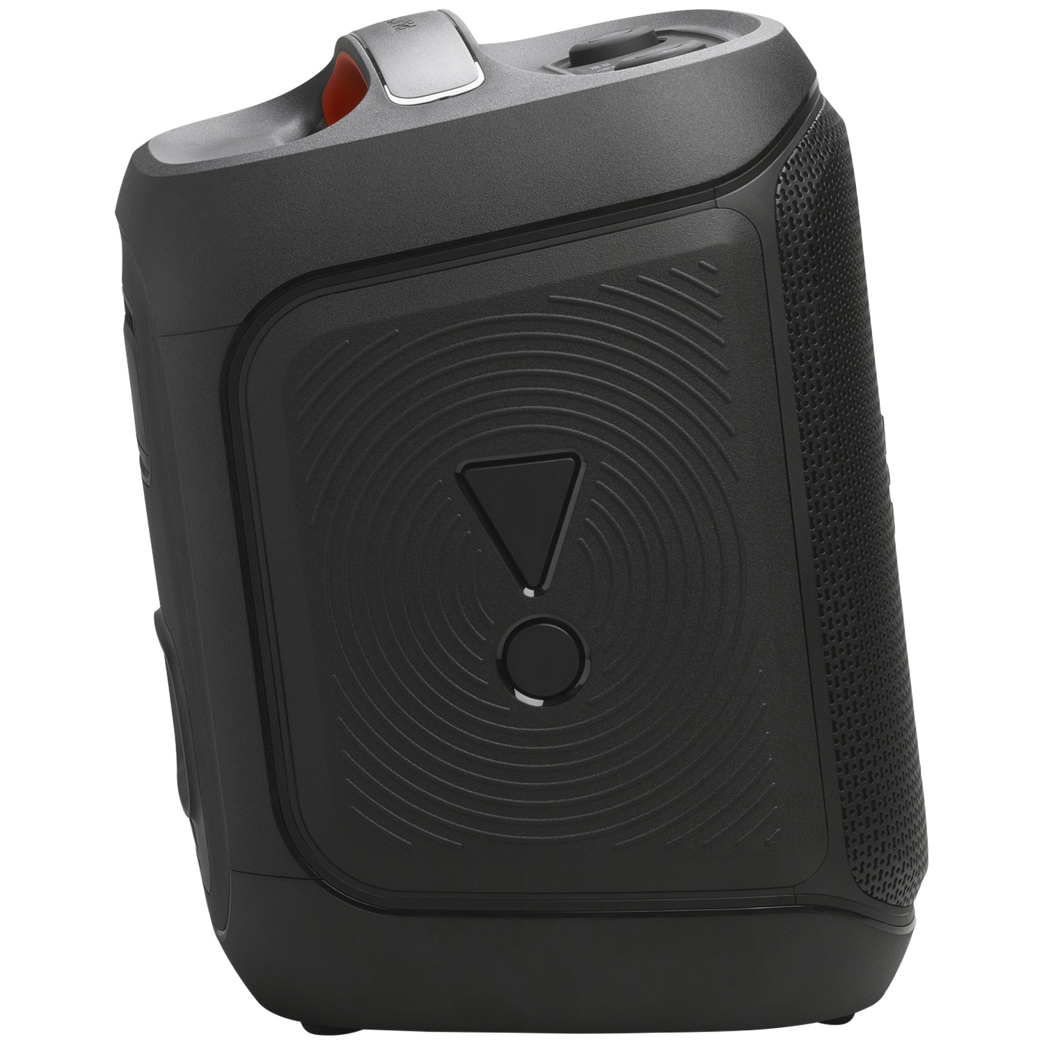 Black speaker with a handle. Features a textured front panel with a button and a triangle. The top has a silver and red handle.