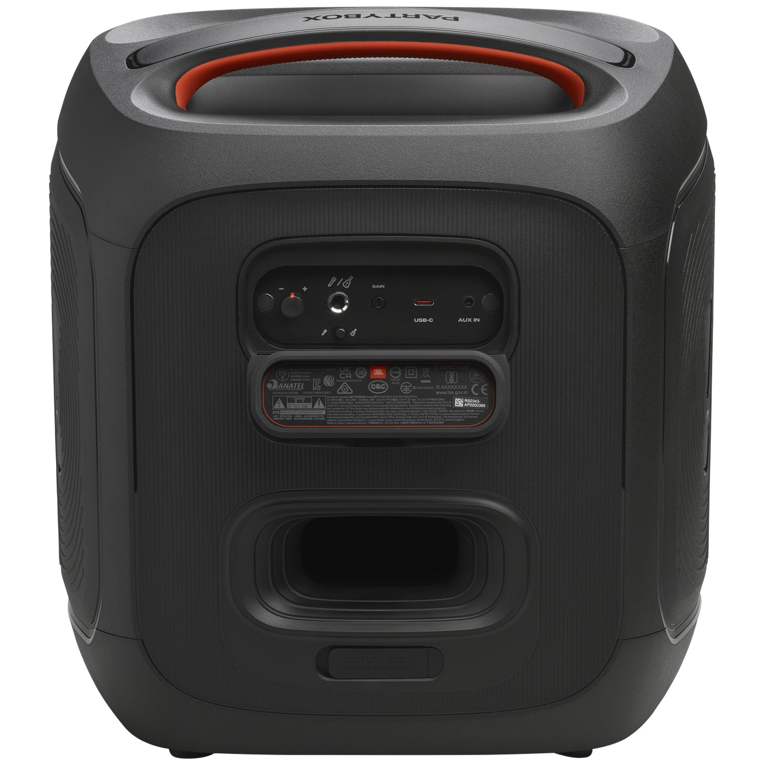 Black JBL PartyBox speaker. It has orange handle, control panel with inputs, and text 'PARTYBOX' on top and bottom.