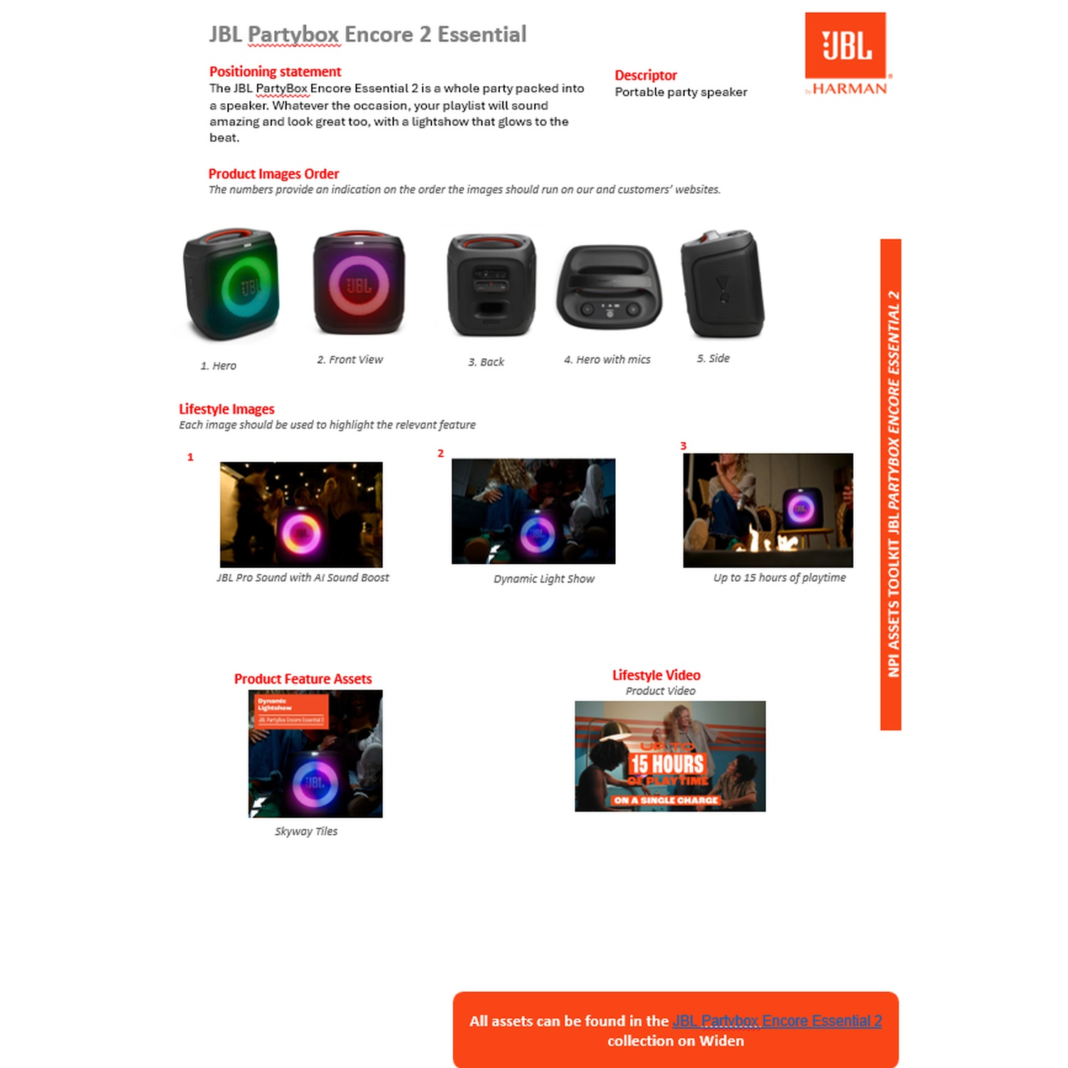 JBL Partybox Encore 2 Essential product images and features are displayed with lifestyle shots and product feature assets.