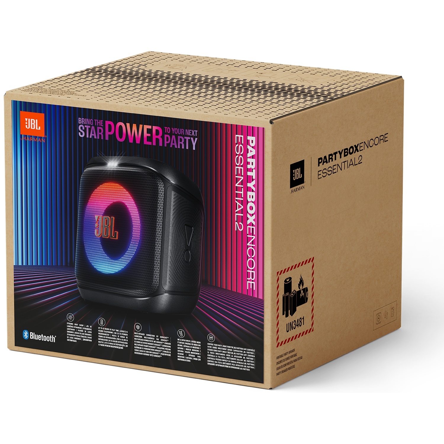 A JBL PartyBox speaker in its box. The box is brown with colorful branding, the speaker is black. It says PARTYBOXENCORE ESSENTIAL2.