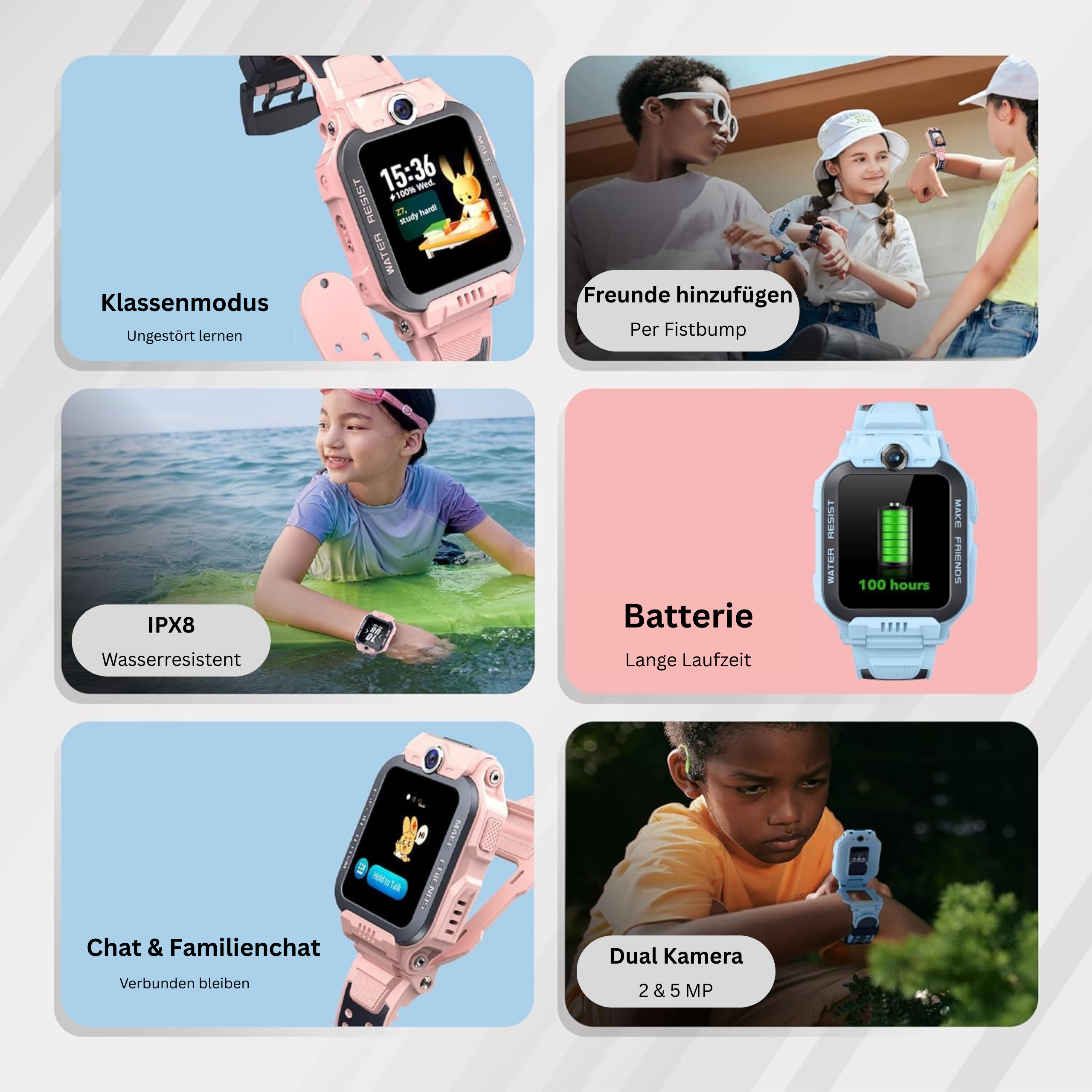 Das Bild zeigt eine rosa Smartwatch mit Funktionen wie Wasserdichtigkeit und Dualkamera. Kinder benutzen die Uhr.
