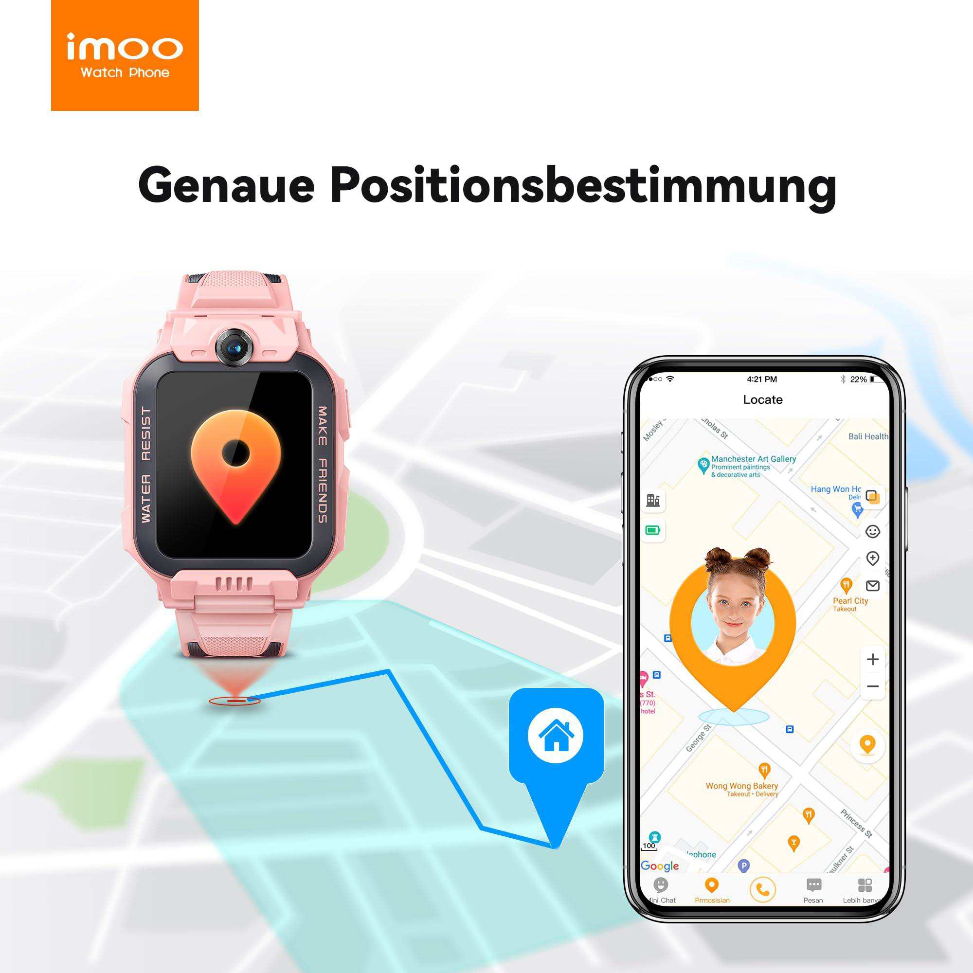 Rosa Imoo-Uhr und ein Telefon mit Karte und Kinderfoto, das den Standort anzeigt.