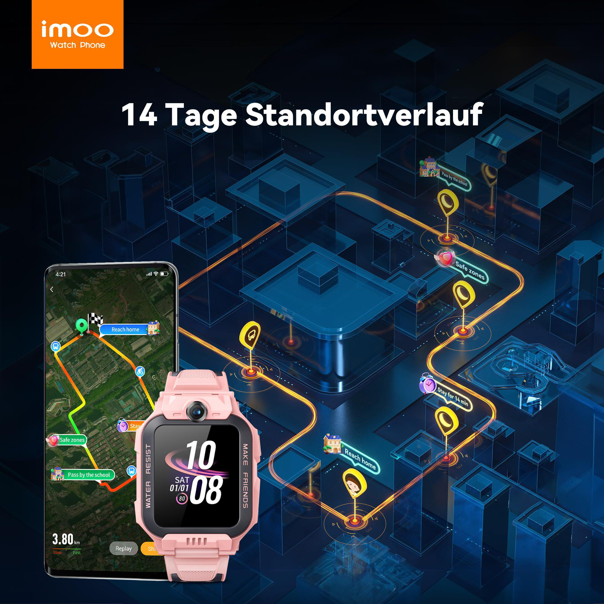 Rosa Smartwatch, die Standortverfolgung auf einer Stadtkarte zeigt. Text: 14 Tage Standortverlauf, Safe zones, Reach home.