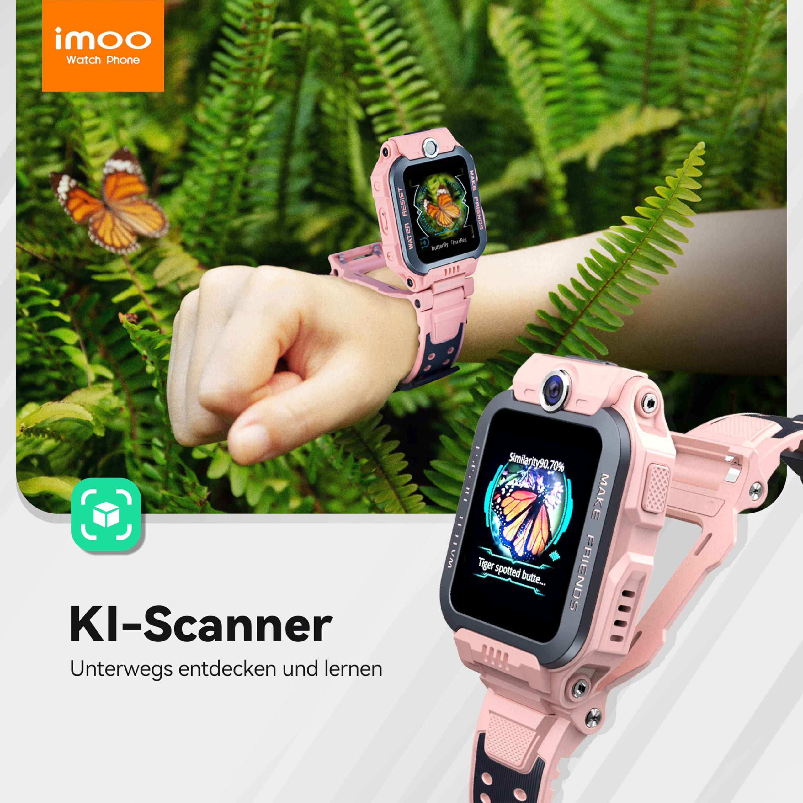 Eine rosa Smartwatch am Handgelenk, mit einem Schmetterling auf dem Bildschirm, umgeben von grünem Laub und einem Schmetterling.