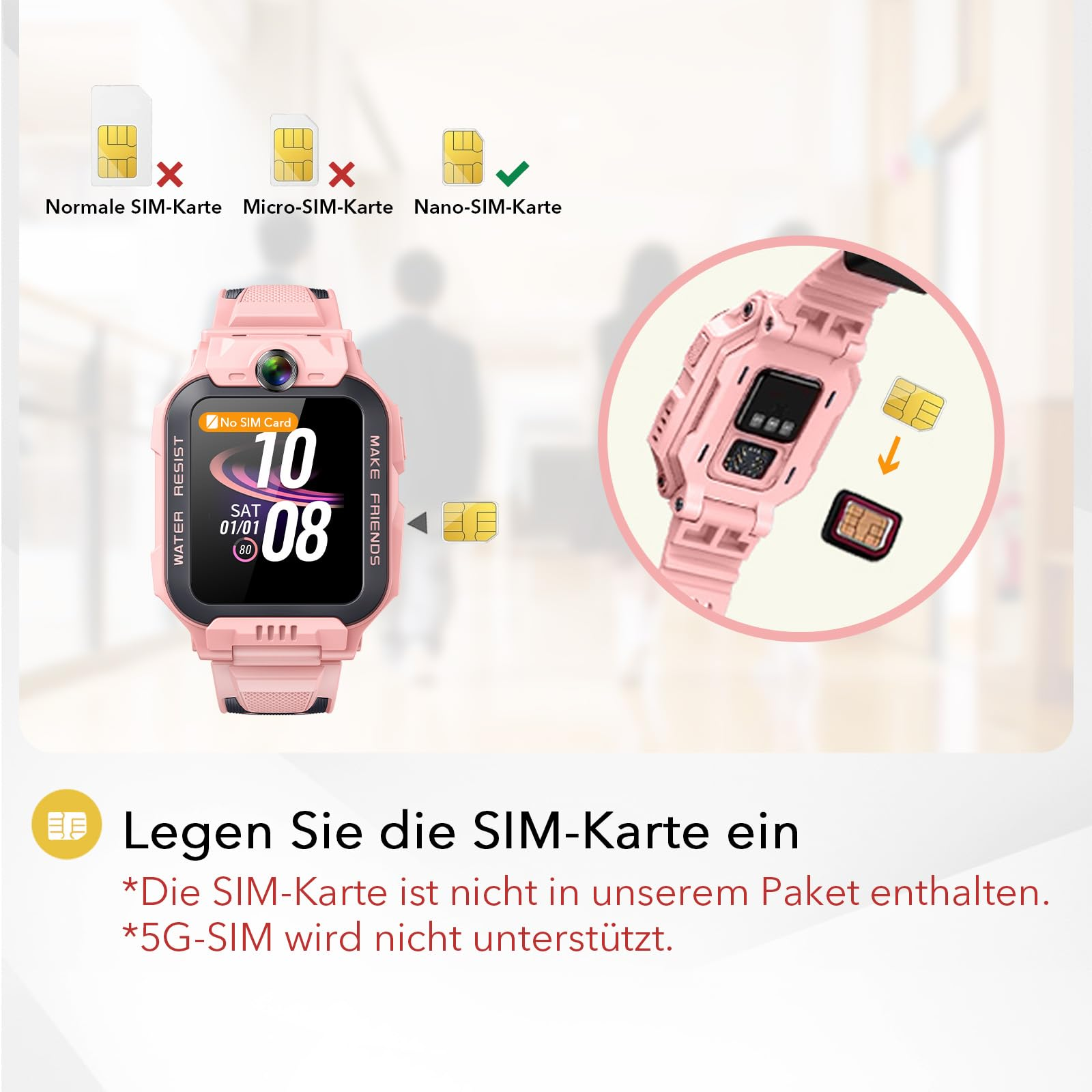 Rosa Smartwatch mit SIM-Karte. Anweisungen zeigen SIM-Typen und das Einsetzen. Deutscher Text erklärt SIM-Details.