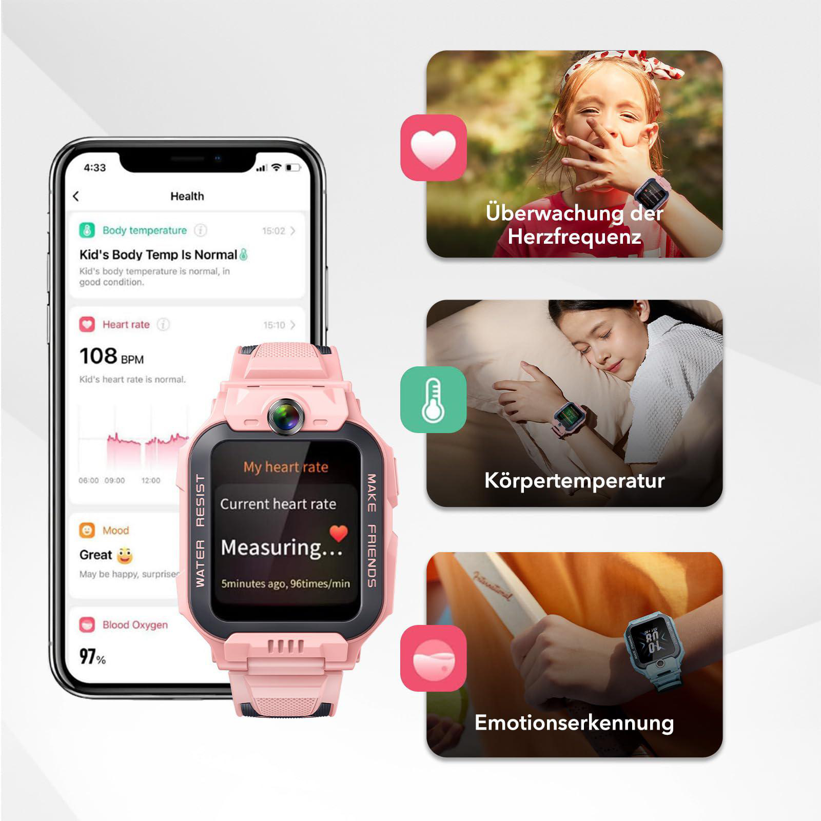 Das Bild zeigt eine Gesundheits-Smartwatch mit Gesundheitsdaten auf dem Bildschirm und Visualisierungen von Herzfrequenz, Körpertemperatur und Emotionserkennung.