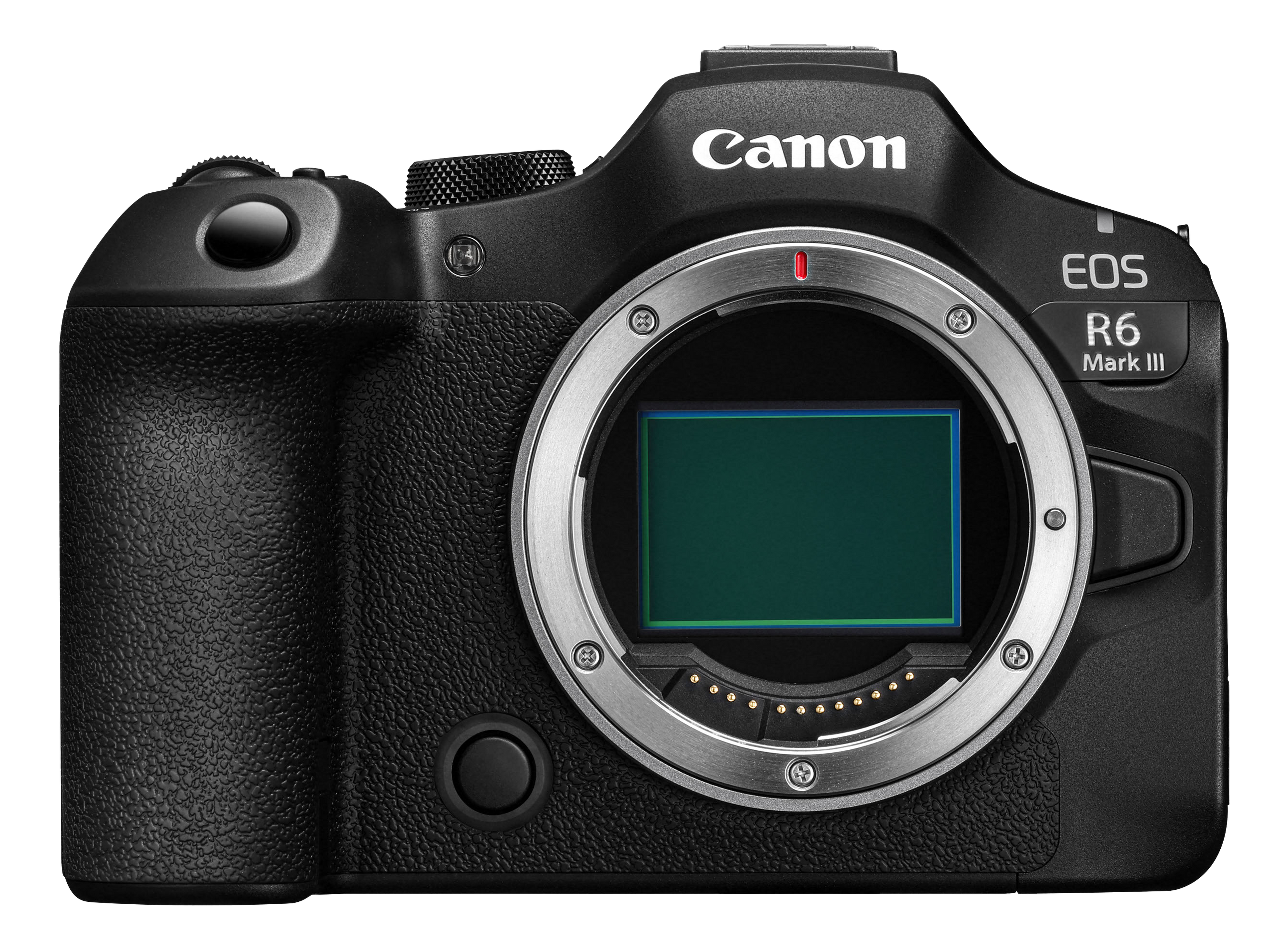 Schwarze Canon EOS R6 Mark III Kamera. Das Objektivbajonett ist silberfarben. Das Objektiv ist offen.