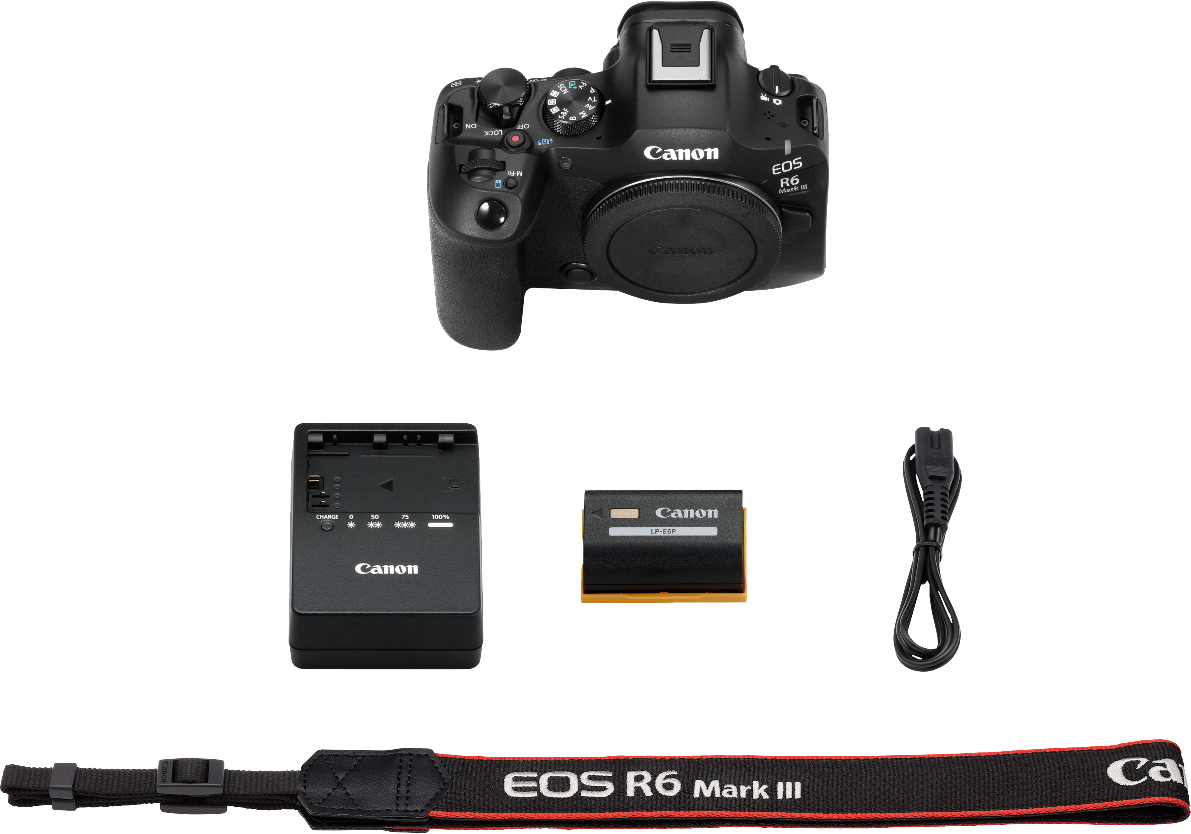 Eine Canon EOS R6 Mark III Kamera und Zubehör: Ladegerät, Akku, Kabel und Gurt. Alles auf schwarzem Hintergrund.