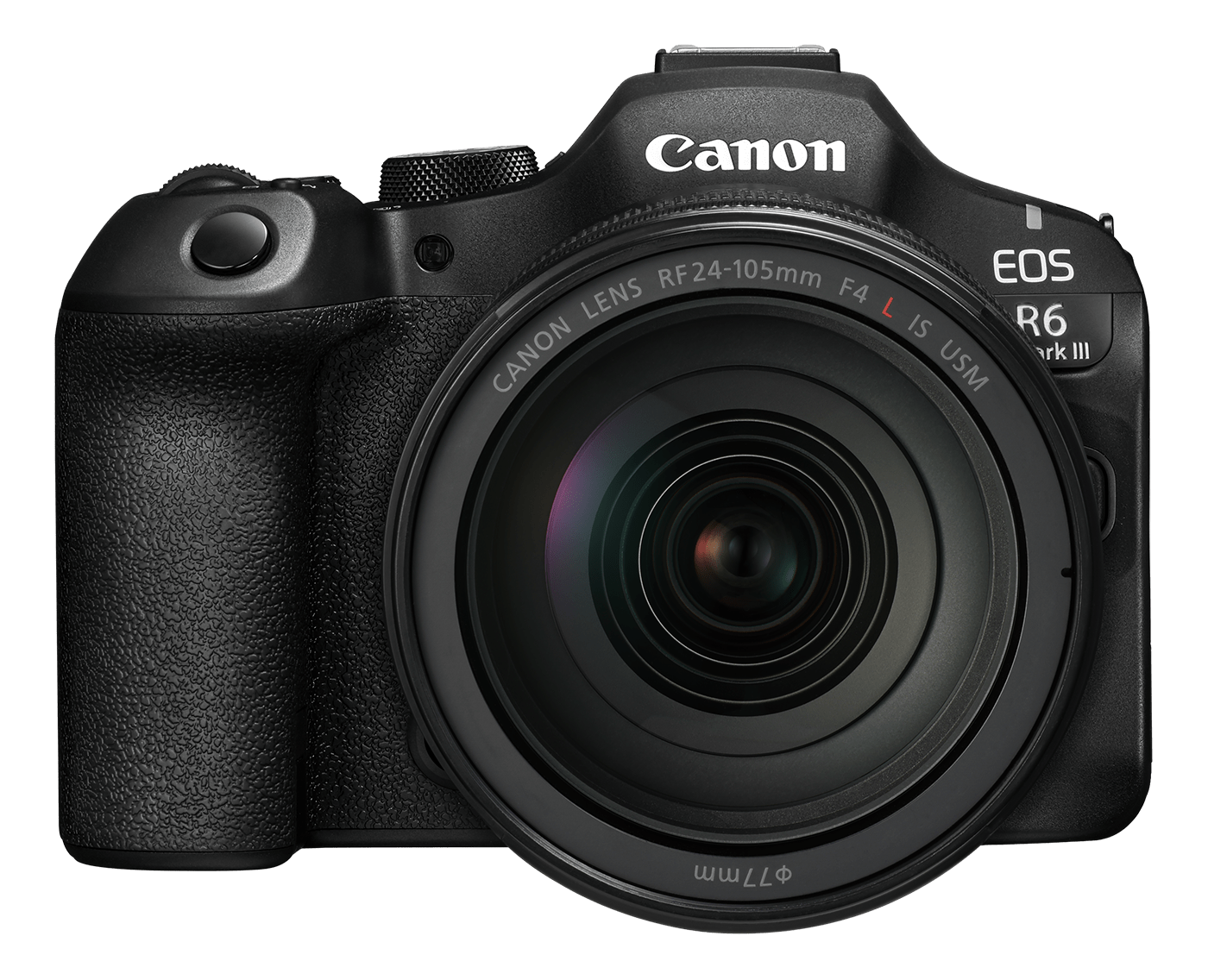 Eine schwarze Canon EOS R6 Mark III Kamera mit Objektiv. Linsendetails sind sichtbar. Canon-Logo oben.