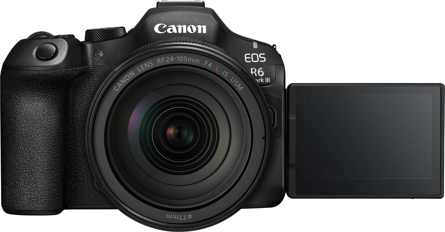 Eine schwarze Canon EOS R6 Mark III Kamera mit Objektiv und offenem Bildschirm. Canon-Logo sichtbar.