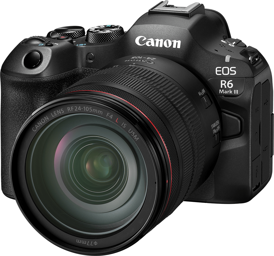 Schwarze Canon EOS R6 Mark III Kamera mit Objektiv. Aufkleber sagt Canon Lens RF24-105mm F4 L IS USM. Hintergrund ist weiß.