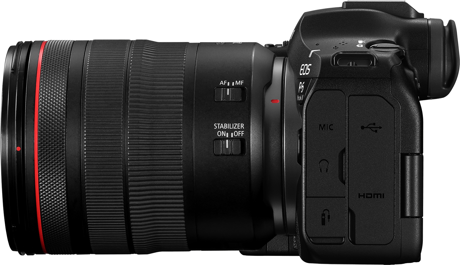 Schwarze Canon EOS R6 Kamera mit Objektiv. Merkmale umfassen Objektivsteuerung, AF/MF-Schalter und Stabilisatoreinstellungen. HDMI-Anschluss sichtbar.