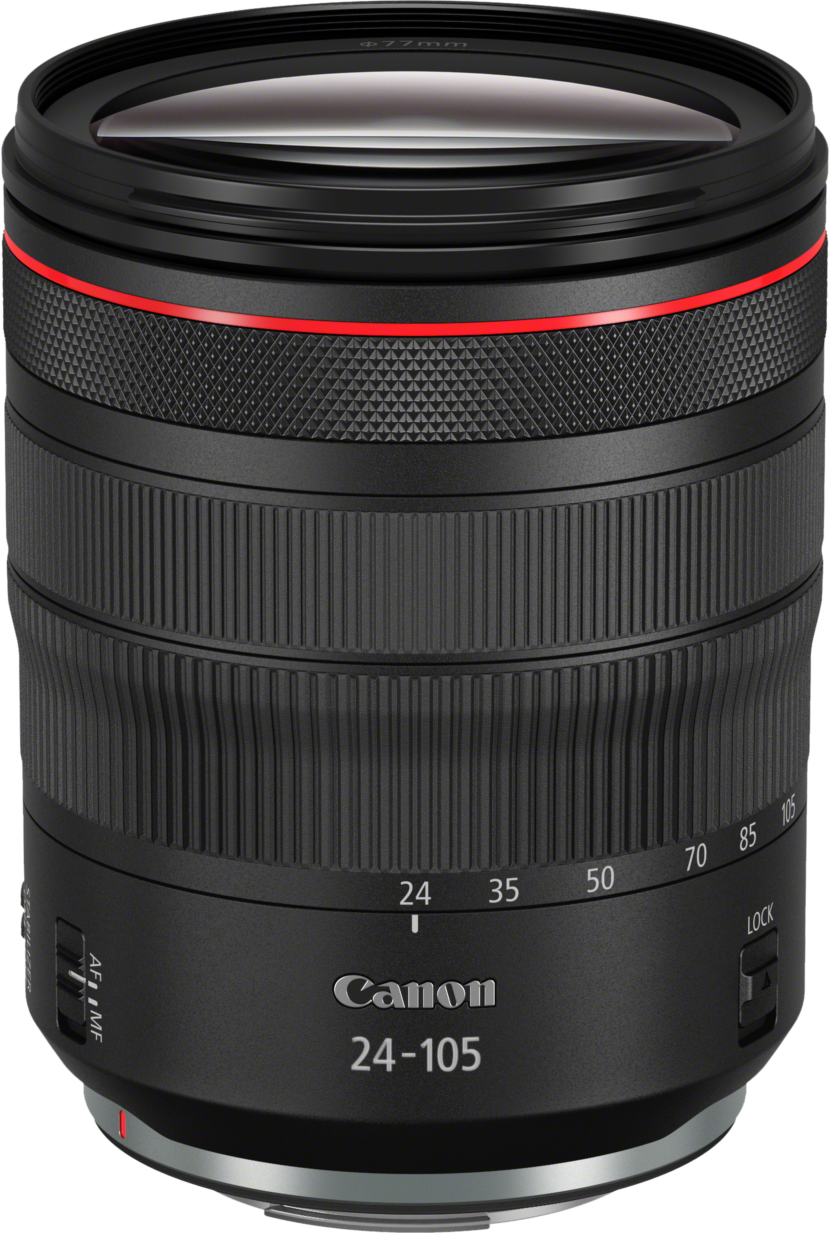Ein Canon 24-105mm Kameraobjektiv. Das Objektiv ist schwarz mit roten Akzenten und hat verschiedene Einstellungen.