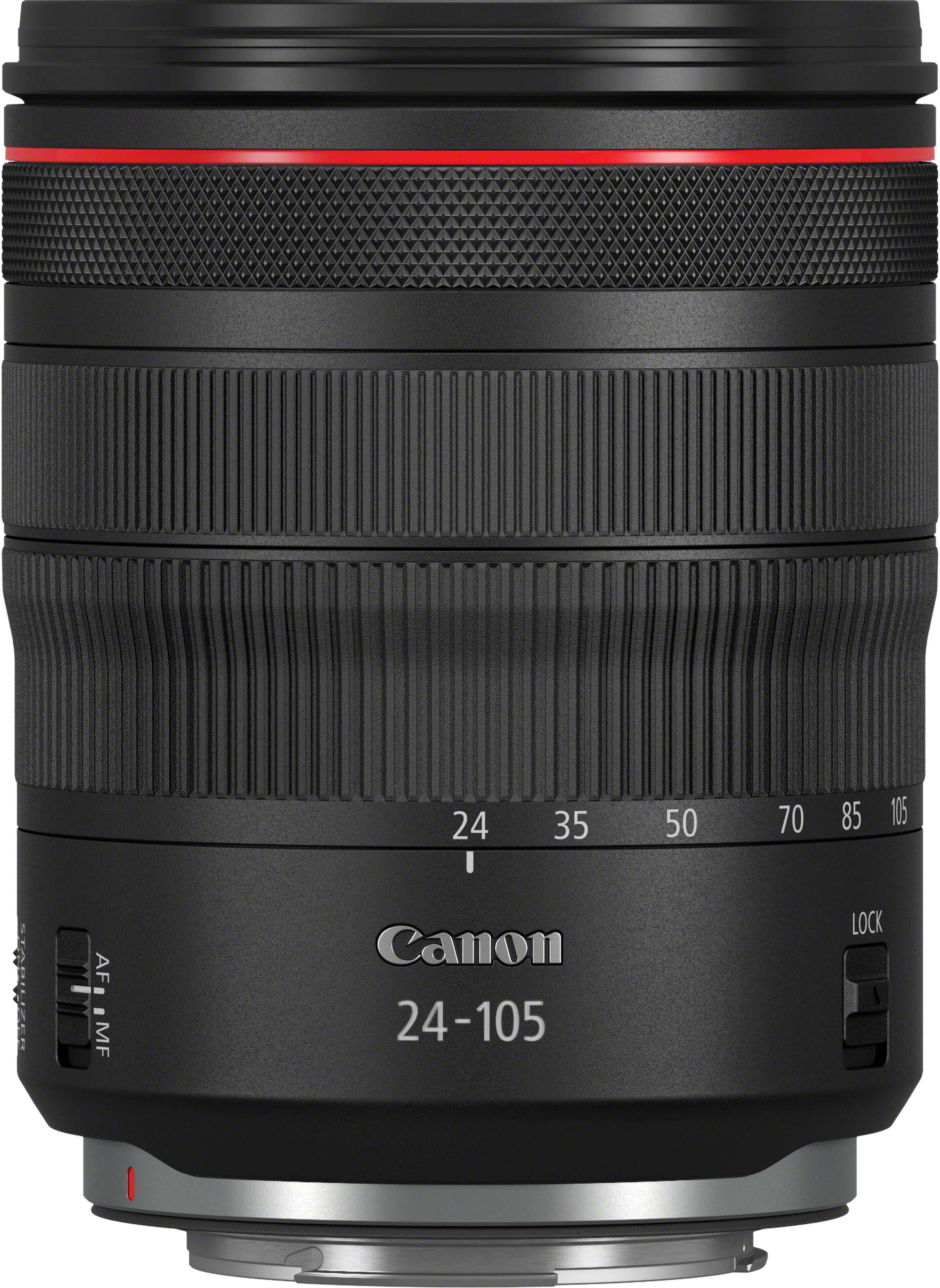 Ein schwarzes Canon 24-105-Objektiv mit roten Akzenten. Hat Brennweitenmarkierungen und Fokusregler.