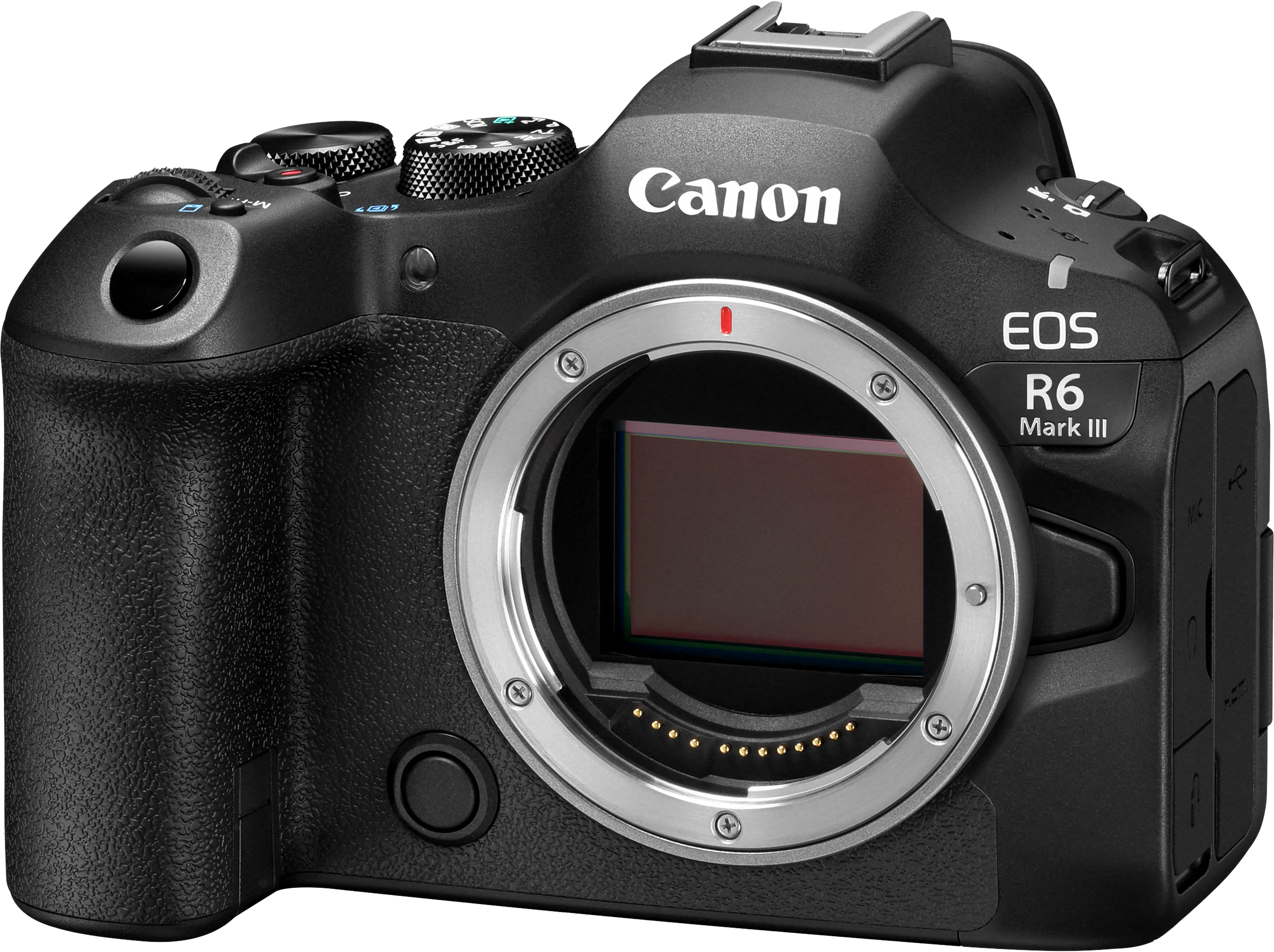 Eine schwarze Canon EOS R6 Mark III Kamera. Das Objektivbajonett ist silberfarben. Canon steht in Weiß geschrieben.