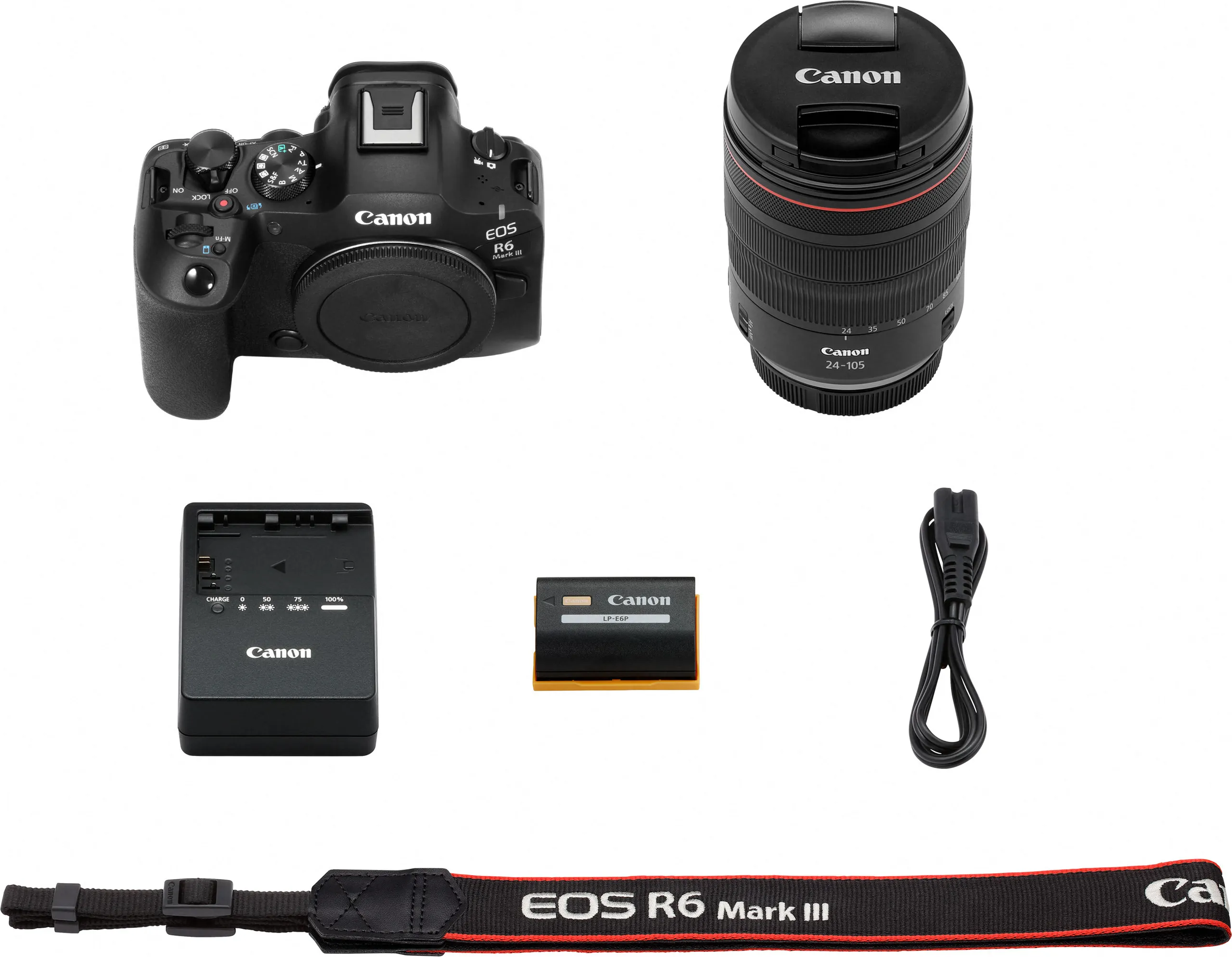 Eine Canon EOS R6 Mark III Kamera, Objektiv, Ladegerät, Akku, Netzkabel und Gurt werden angezeigt.
