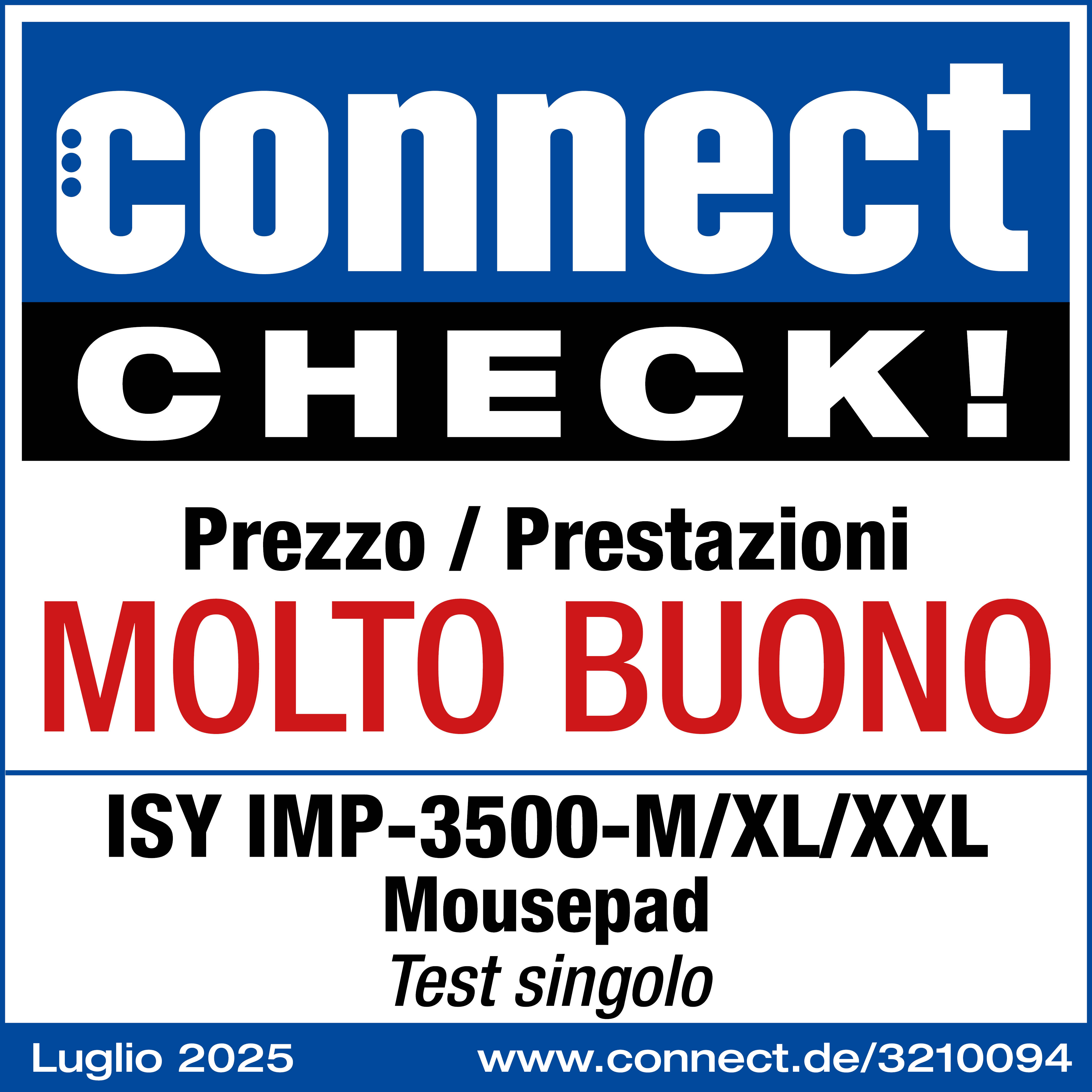 Une affiche avec les mots 'connect CHECK!' et 'MOLTO BUONO' en rouge. Elle mentionne aussi 'Mousepad' et 'Luglio 2025'.