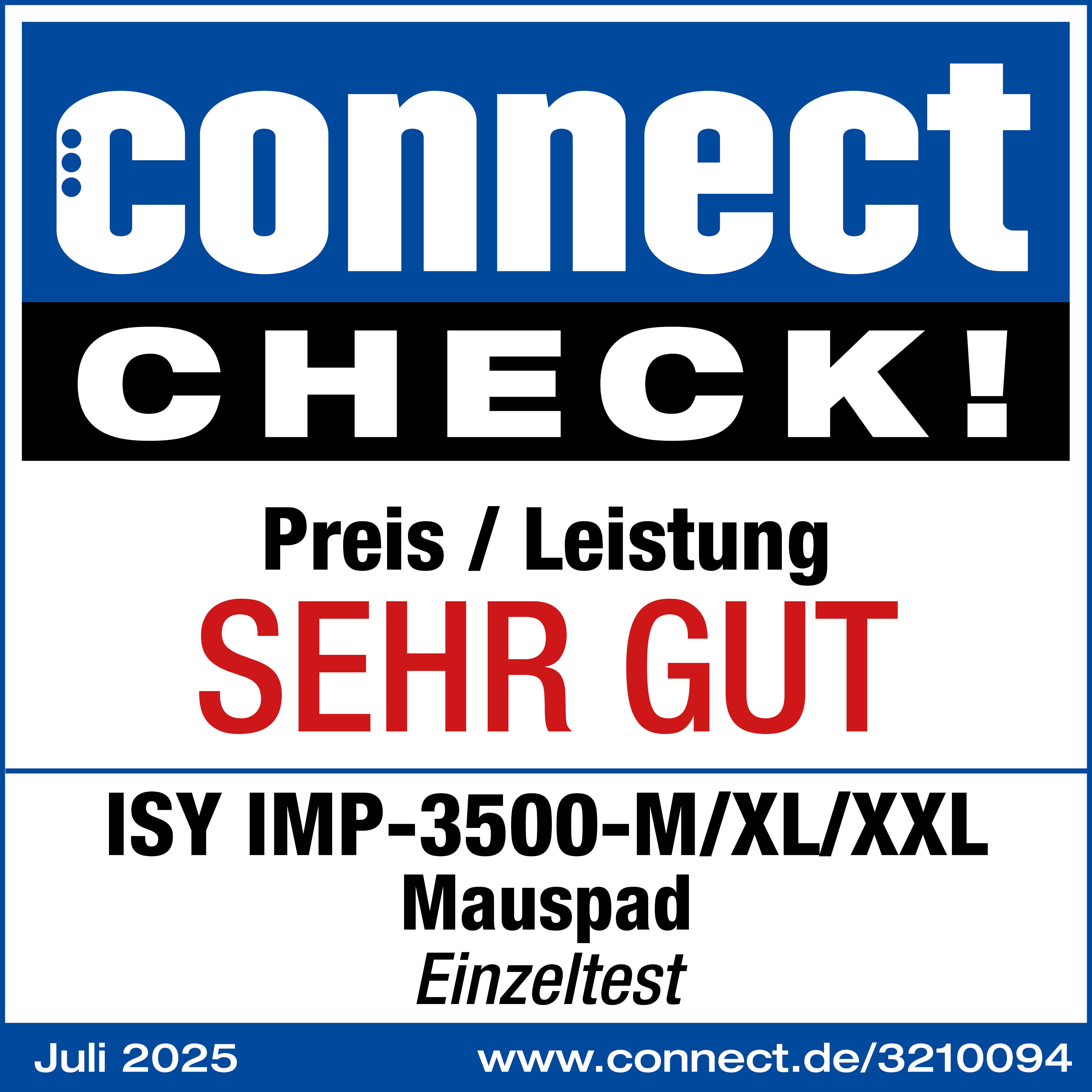 Image avec texte 'connect CHECK!', 'SEHR GUT' en rouge et détails du produit. Schéma de couleurs bleu et blanc.