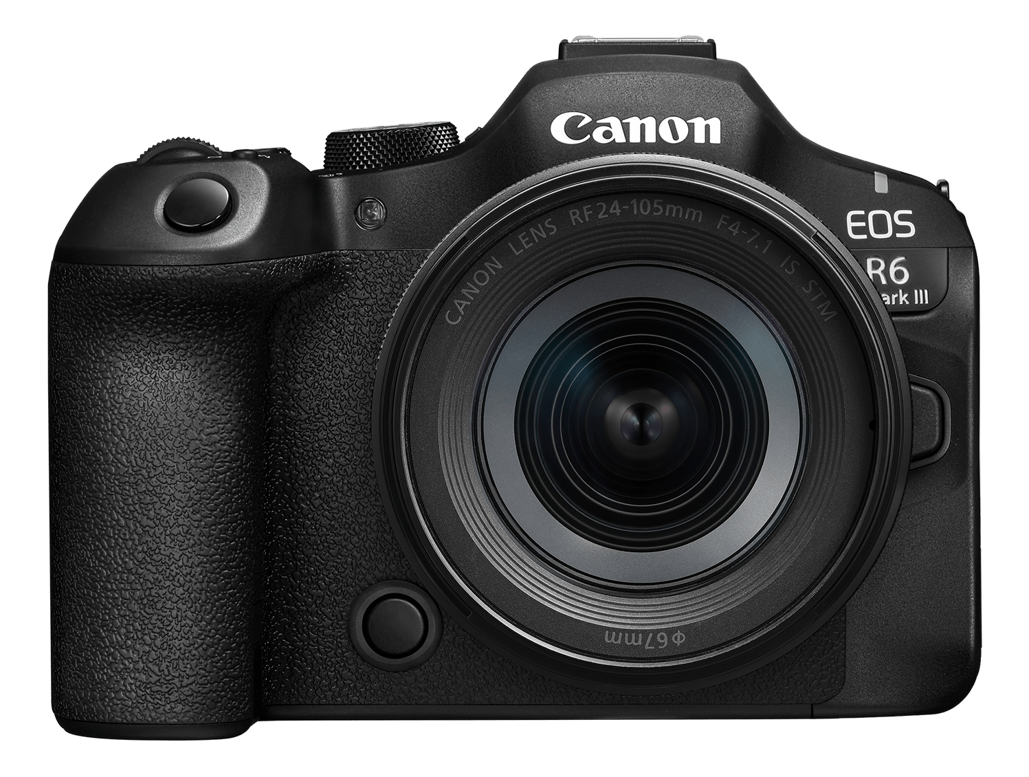 Un appareil photo Canon EOS R6 Mark III noir avec un objectif. L'objectif a un anneau argenté. Canon est écrit en blanc en haut.