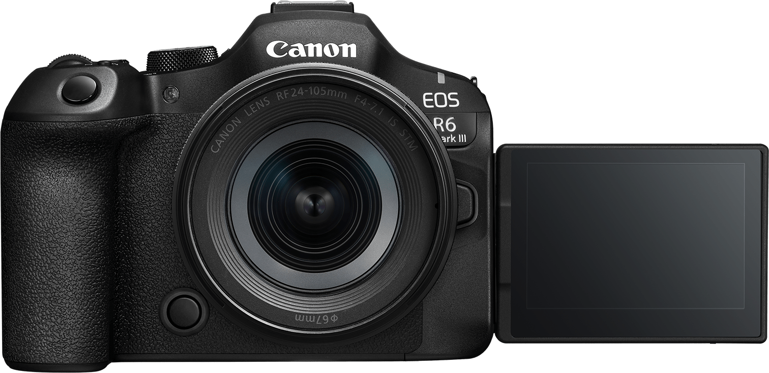 Un appareil photo noir Canon EOS R6 Mark III avec un objectif. L'écran est ouvert. Le logo Canon est visible.