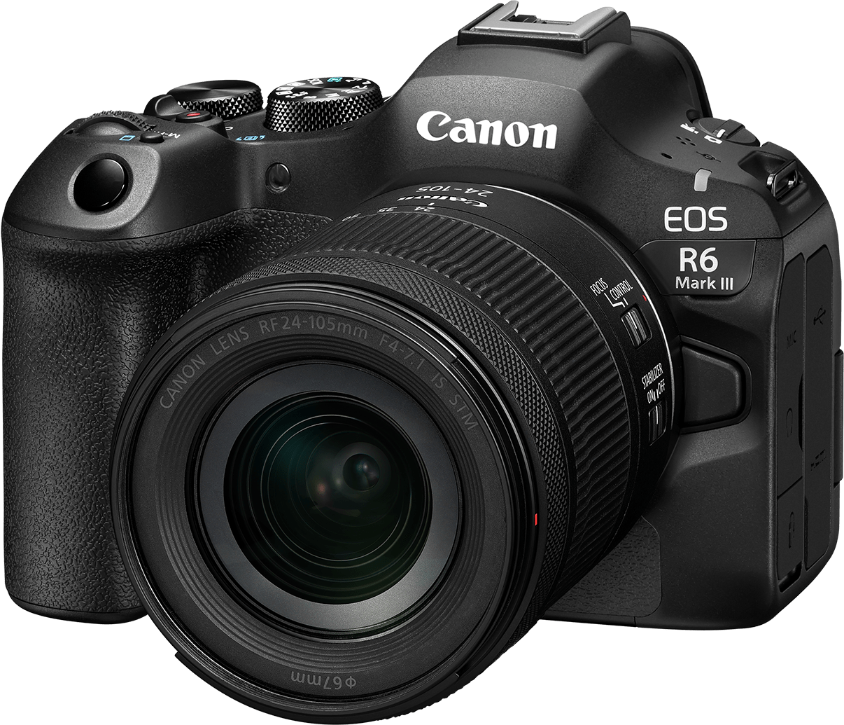 Un appareil photo Canon EOS R6 Mark III noir avec un objectif. L'objectif est mis au point. Le logo Canon est visible.