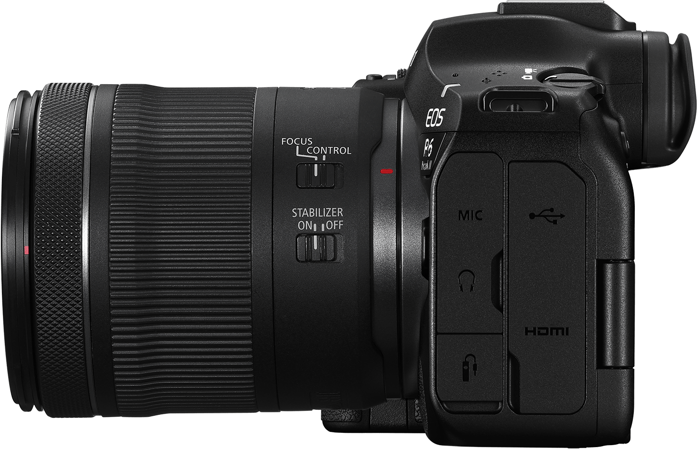 Appareil photo Canon EOS R6 noir avec objectif. Commandes de mise au point et stabilisateur sur l'objectif. Ports micro, USB, HDMI.
